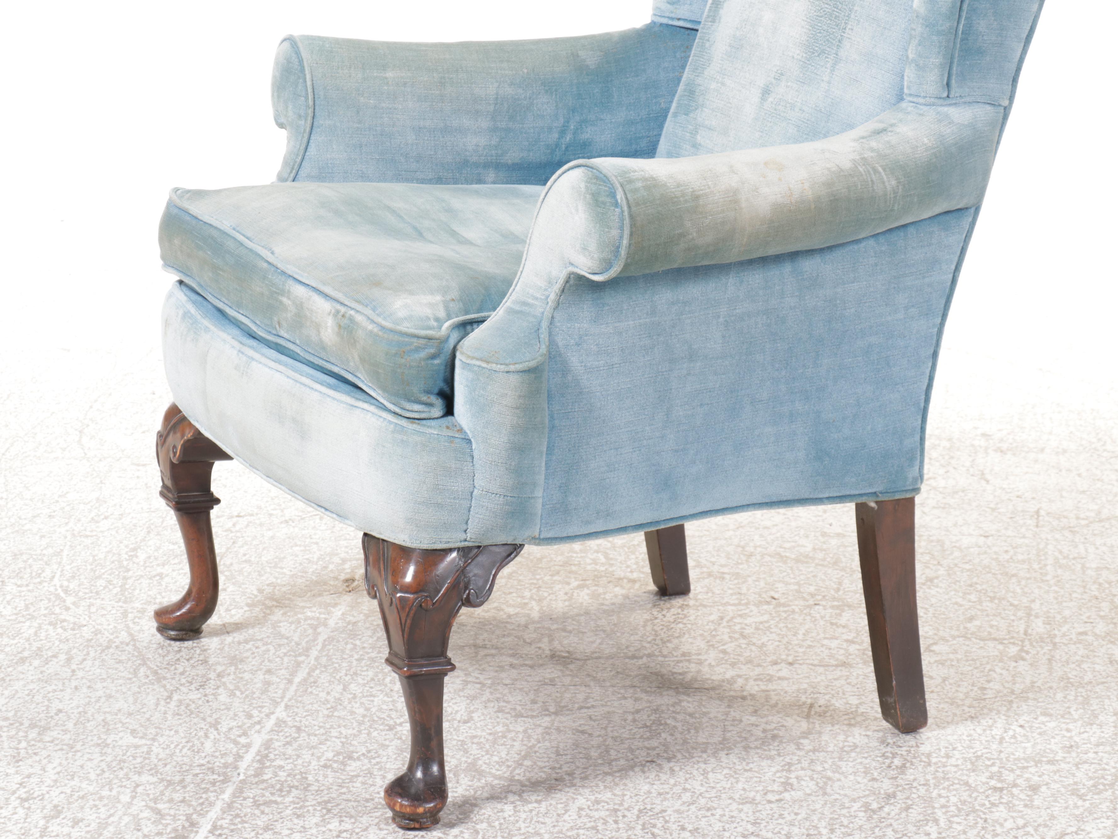 Queen Anne Style Blue Velvet Armchair