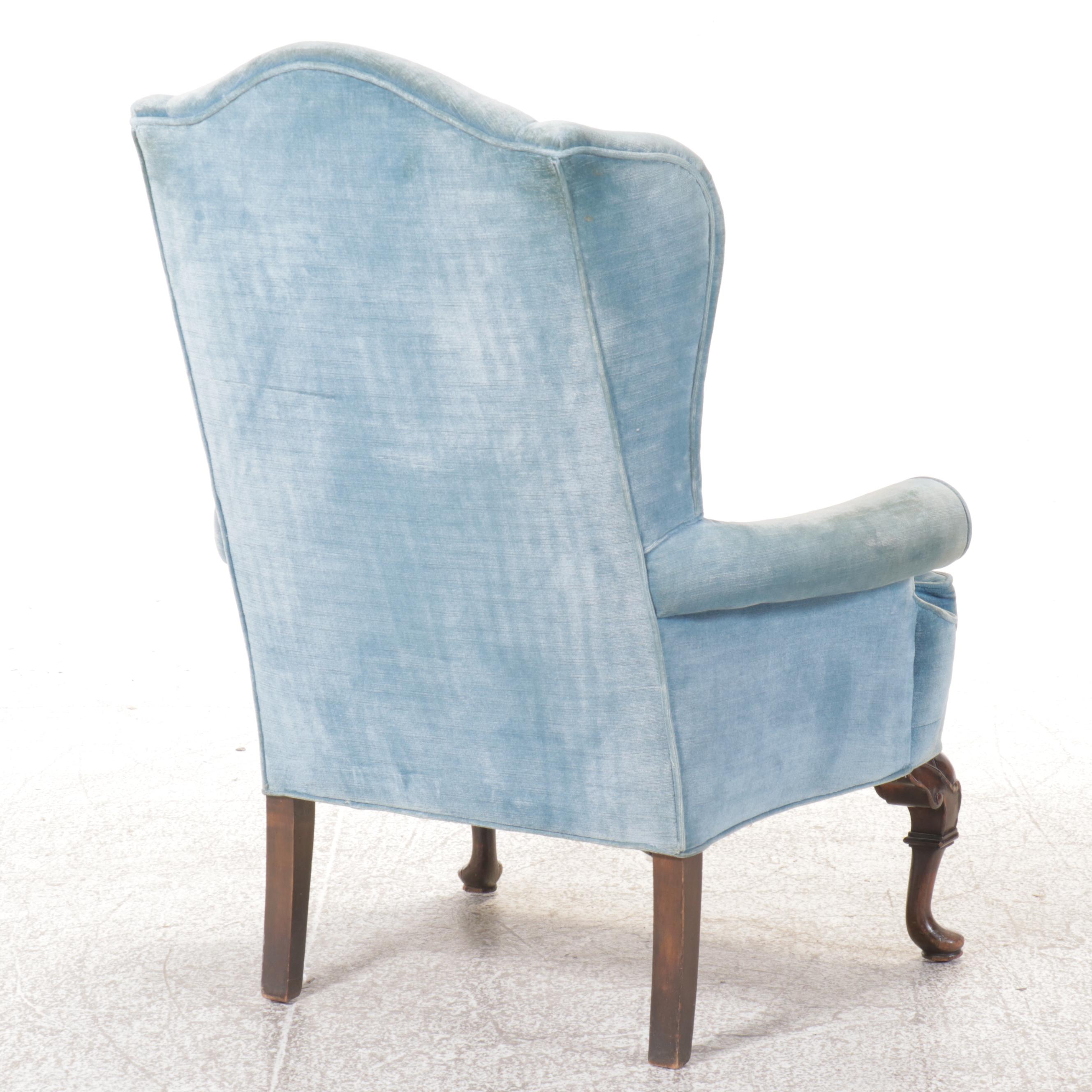 Queen Anne Style Blue Velvet Armchair