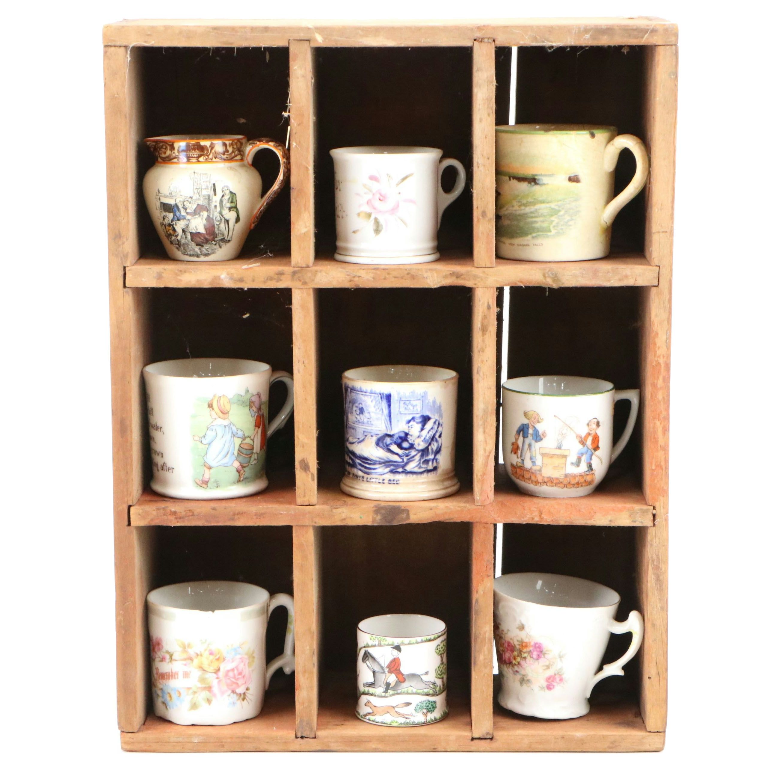 Adams "Scenes from Dickens" Creamer on Wood Shelf with More Vintage Ceramic Cups