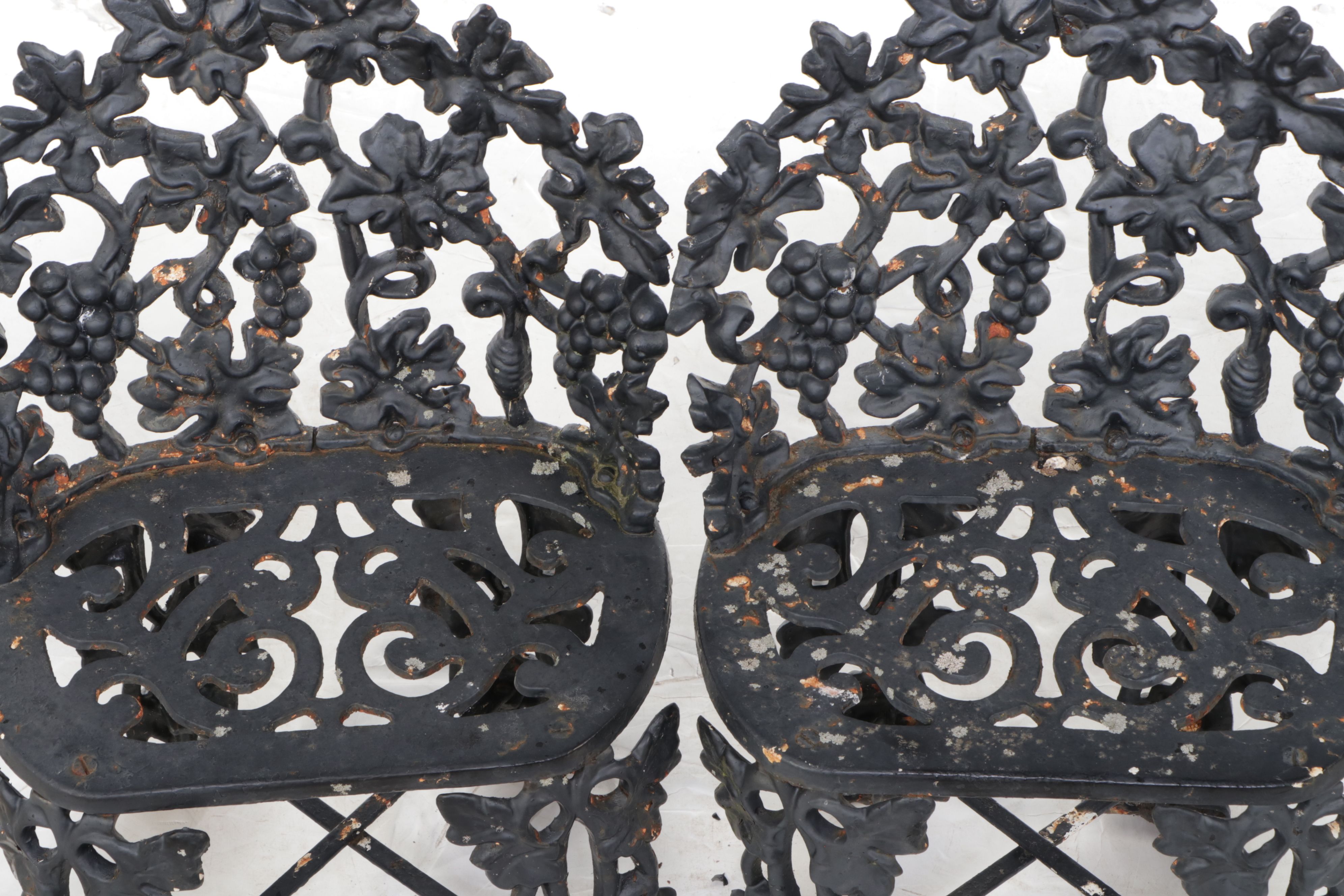 Pair of Victorian Style Painted Cast Metal Grapevine Garden Seats, 20th Century