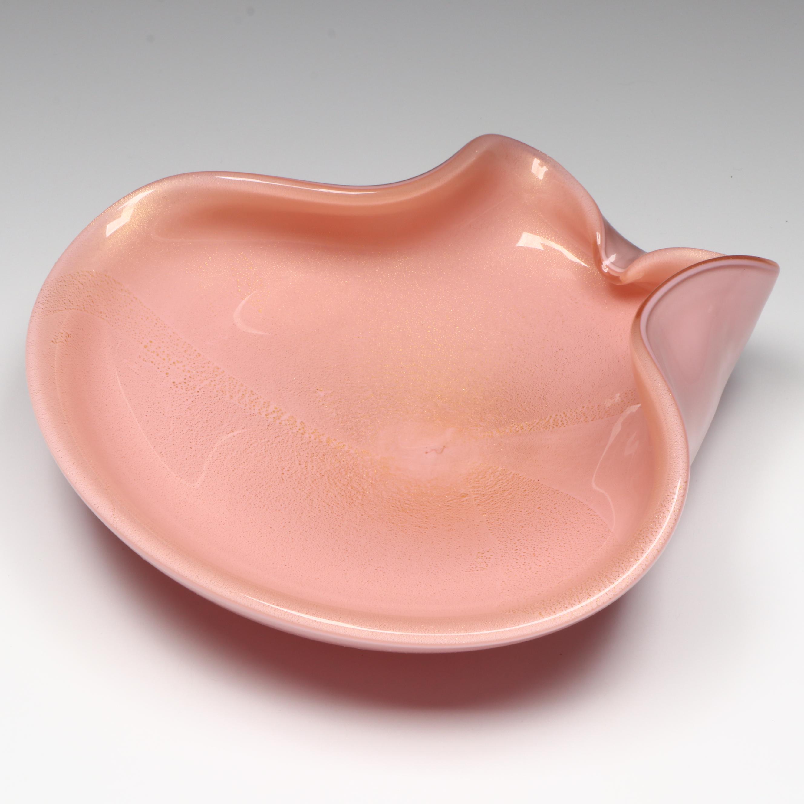 Murano Handblown Pink with Gold Leaf Cased Art Glass Bowl, Mid to Late 20th C.
