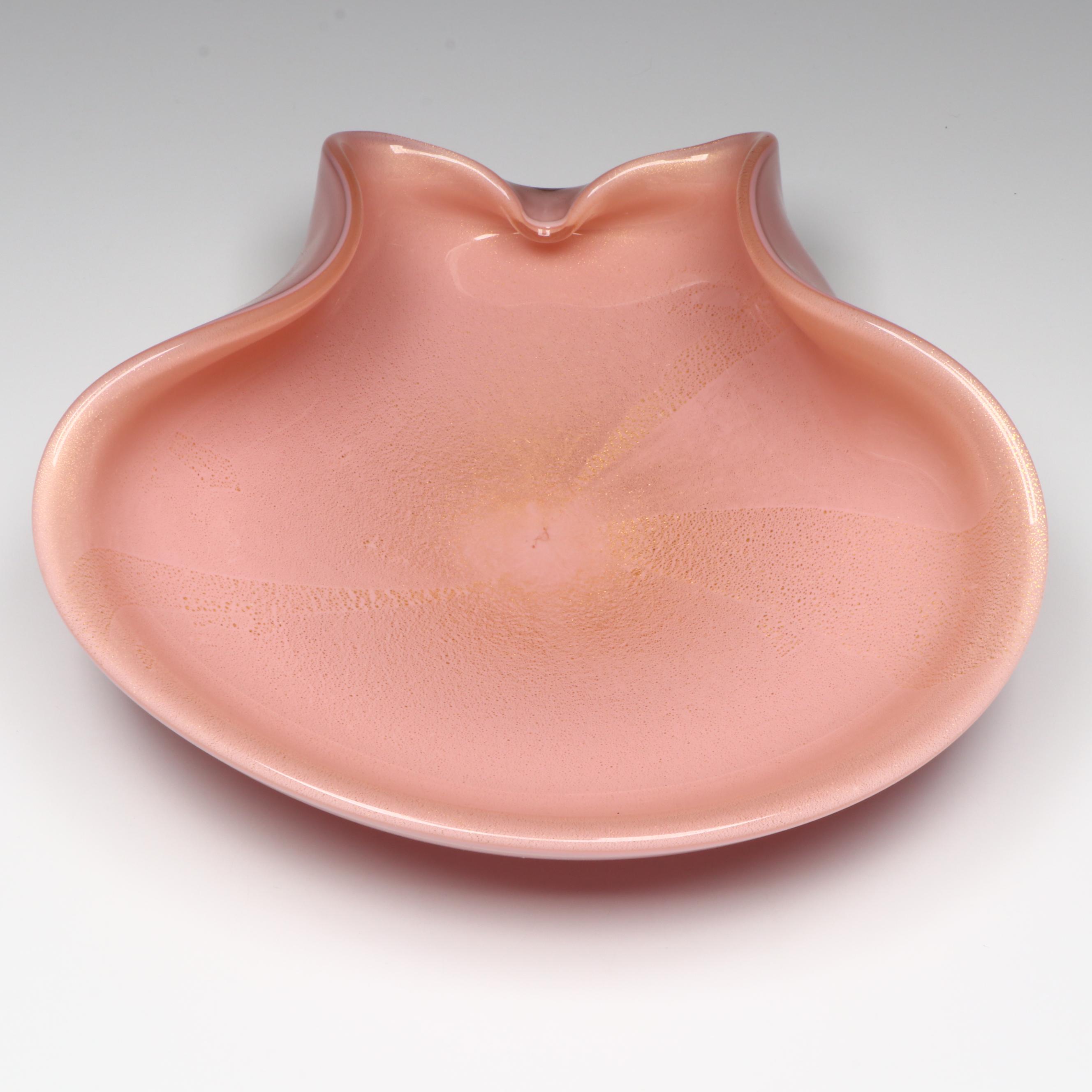 Murano Handblown Pink with Gold Leaf Cased Art Glass Bowl, Mid to Late 20th C.