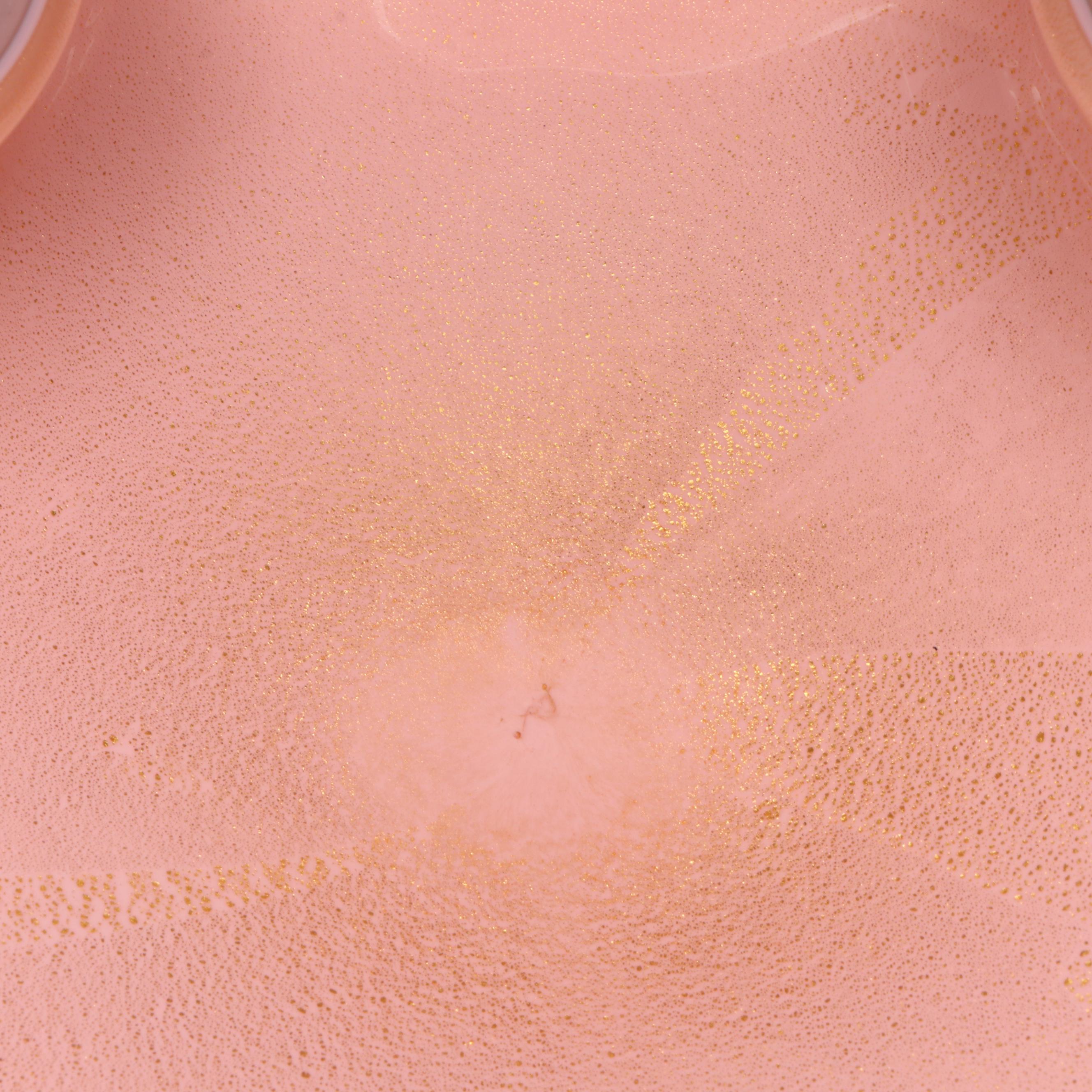 Murano Handblown Pink with Gold Leaf Cased Art Glass Bowl, Mid to Late 20th C.