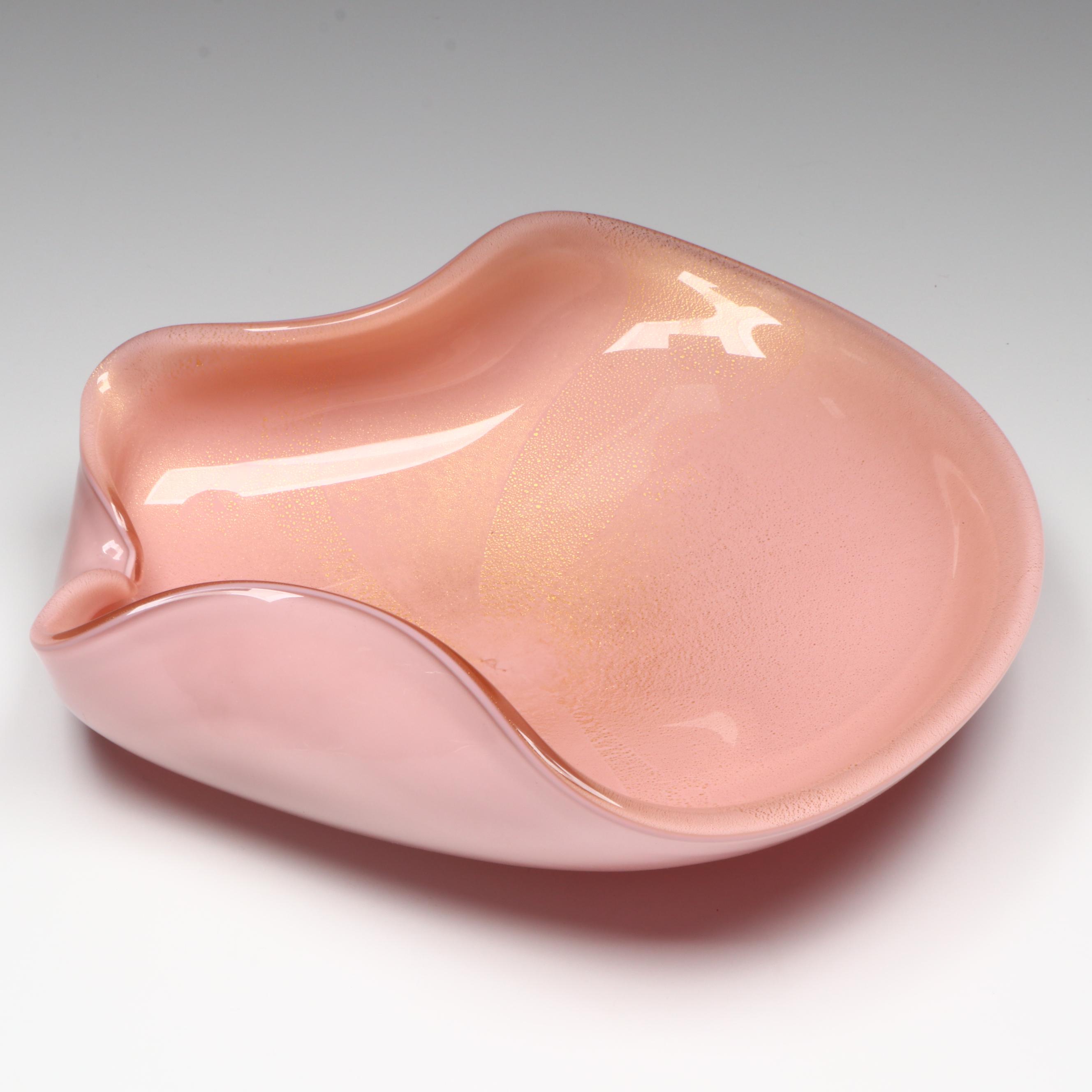 Murano Handblown Pink with Gold Leaf Cased Art Glass Bowl, Mid to Late 20th C.