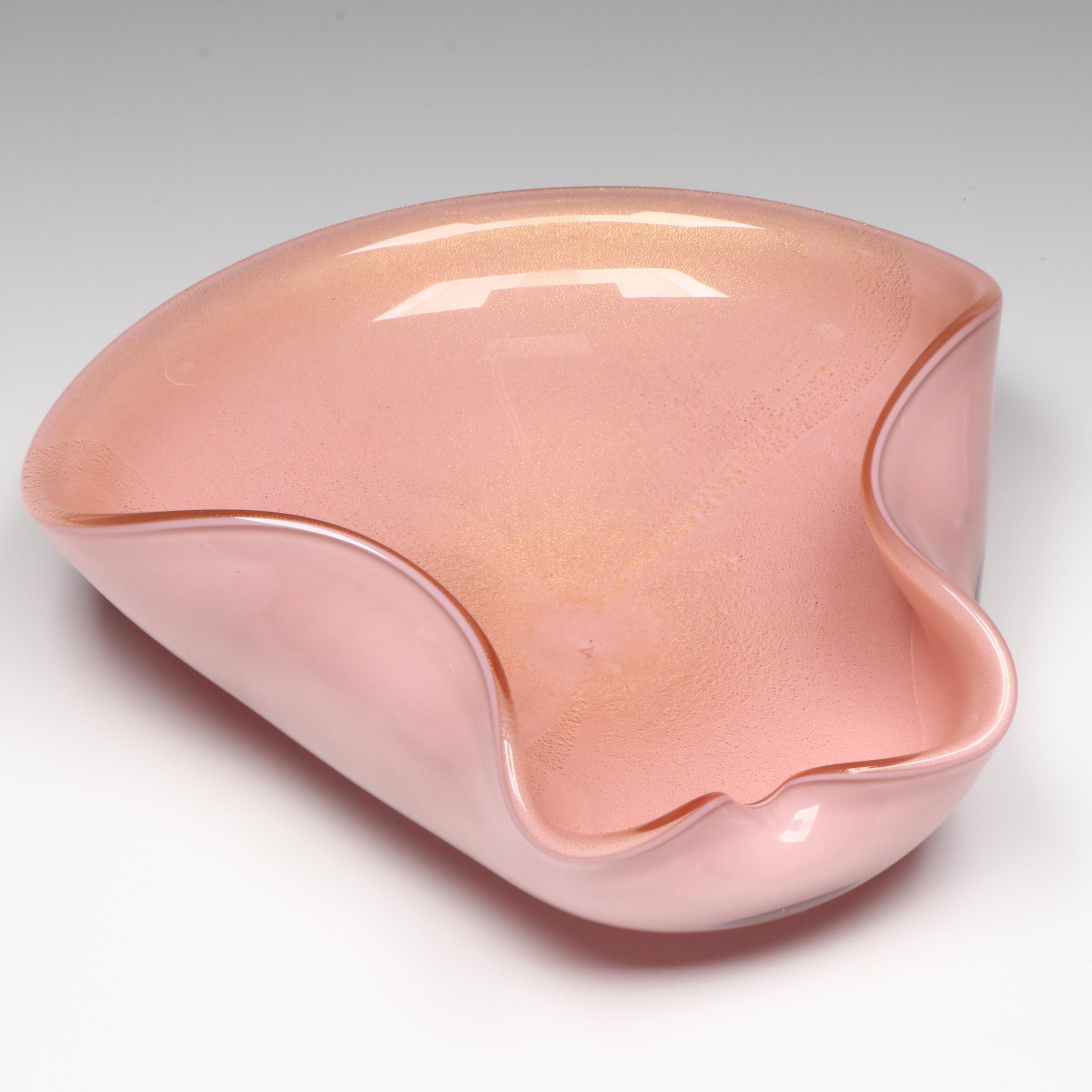 Murano Handblown Pink with Gold Leaf Cased Art Glass Bowl, Mid to Late 20th C.