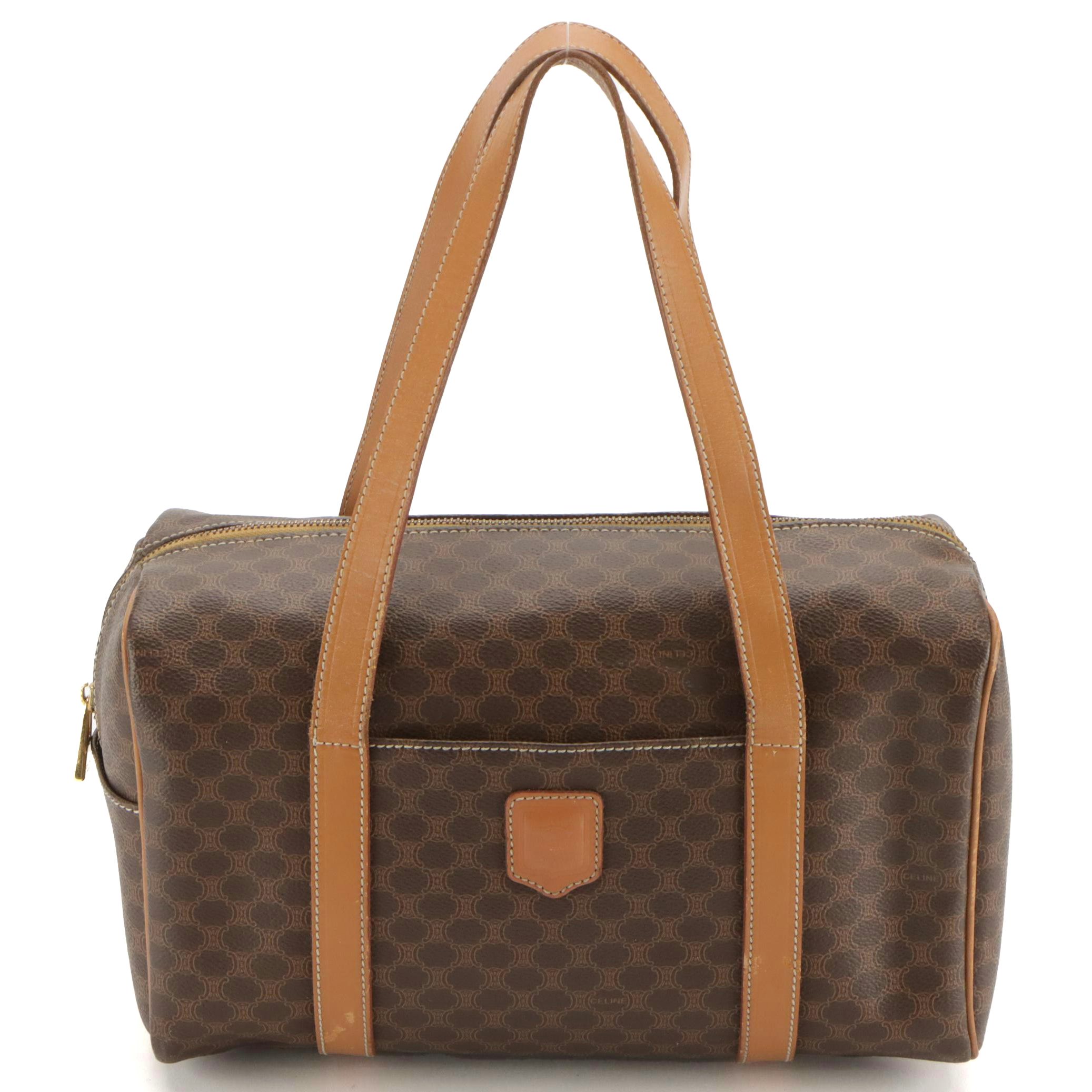 Celine Boston Bag in Dark Brown Macadam Canvas and Leather Trim