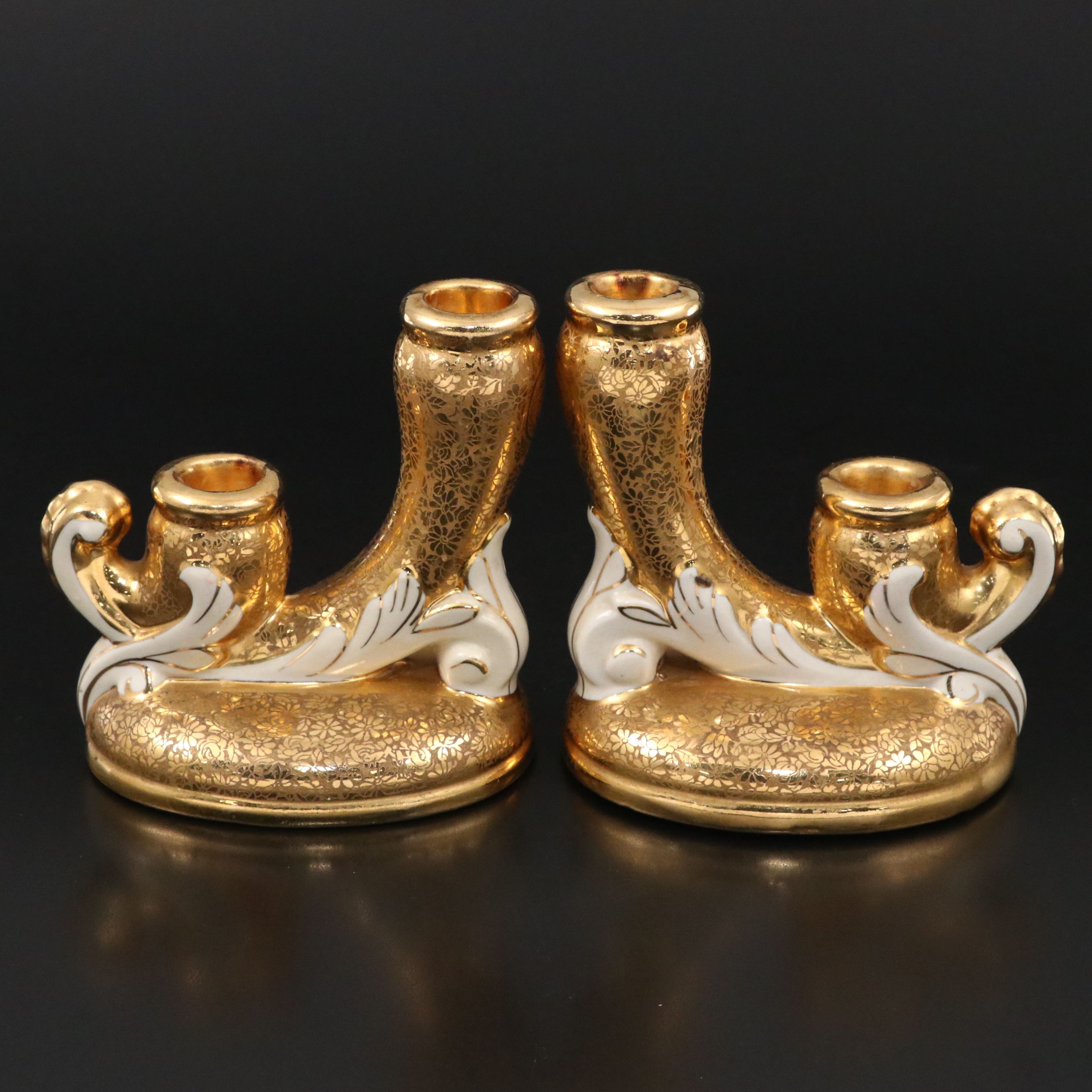 Le Mieux Floral 24K Gold Gilt Porcelain Double Candlesticks
