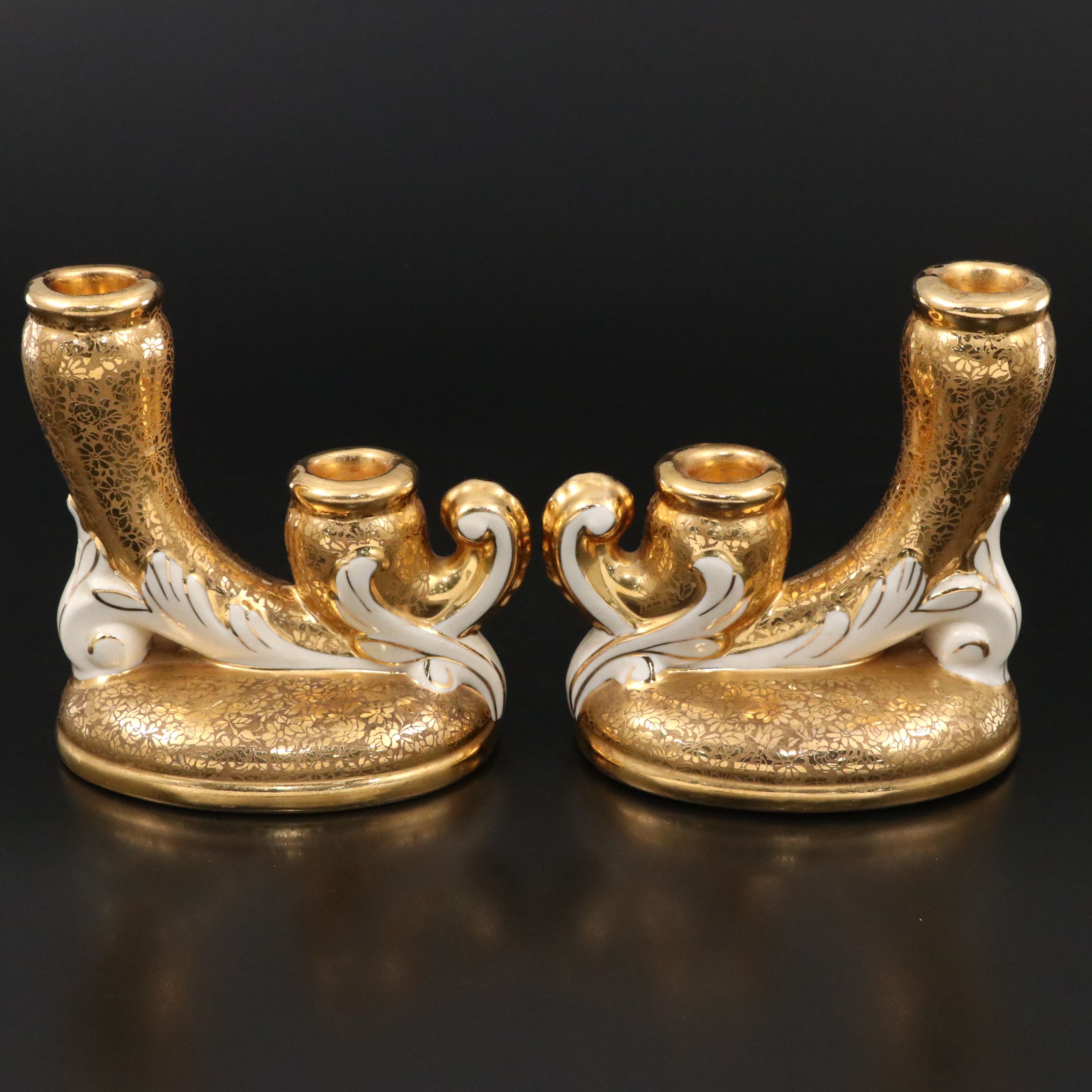 Le Mieux Floral 24K Gold Gilt Porcelain Double Candlesticks