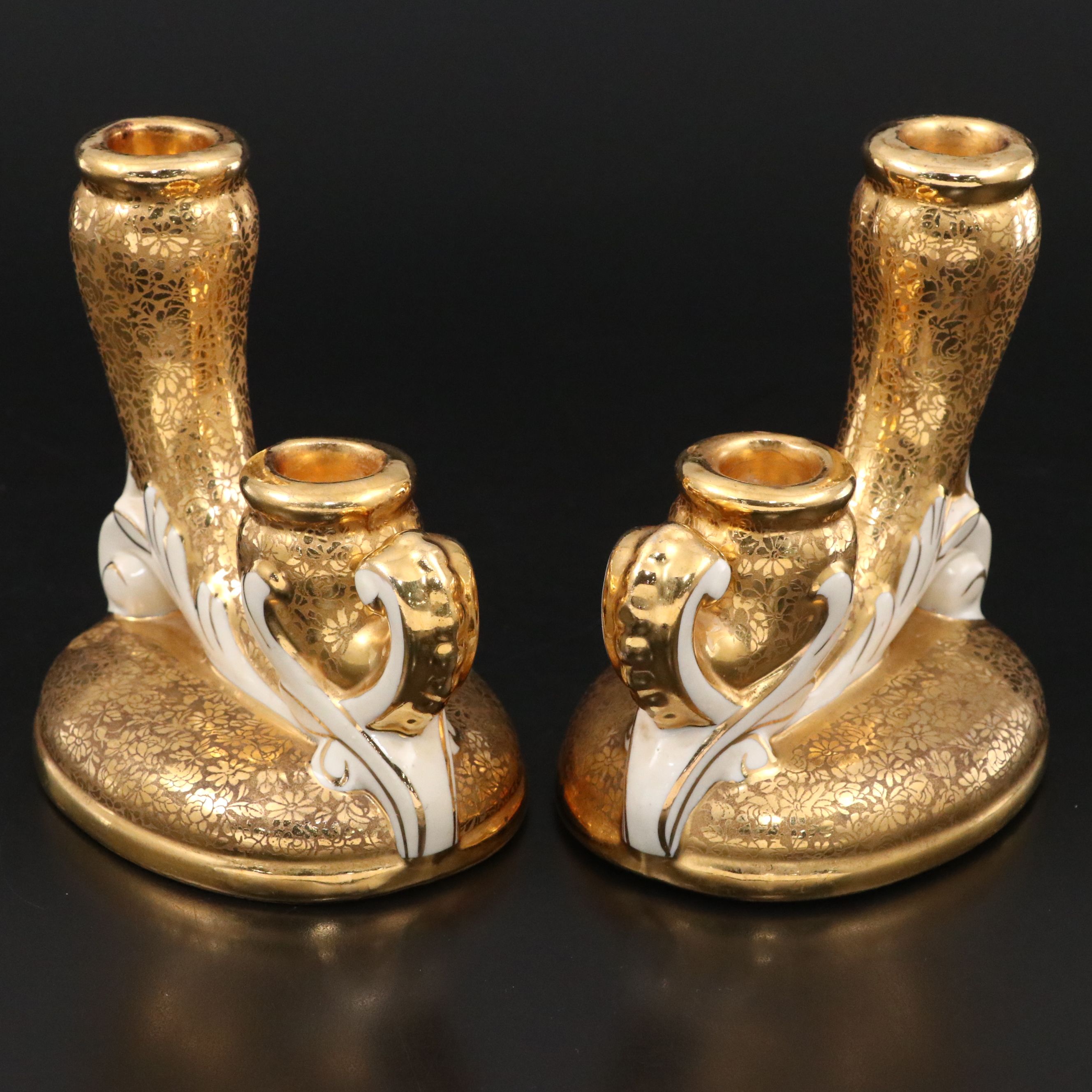 Le Mieux Floral 24K Gold Gilt Porcelain Double Candlesticks