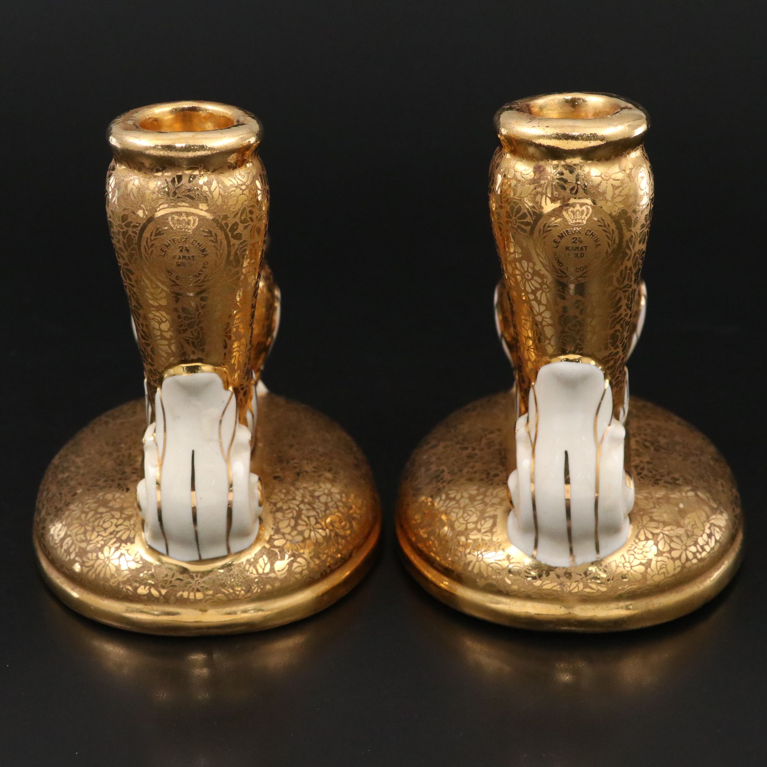 Le Mieux Floral 24K Gold Gilt Porcelain Double Candlesticks