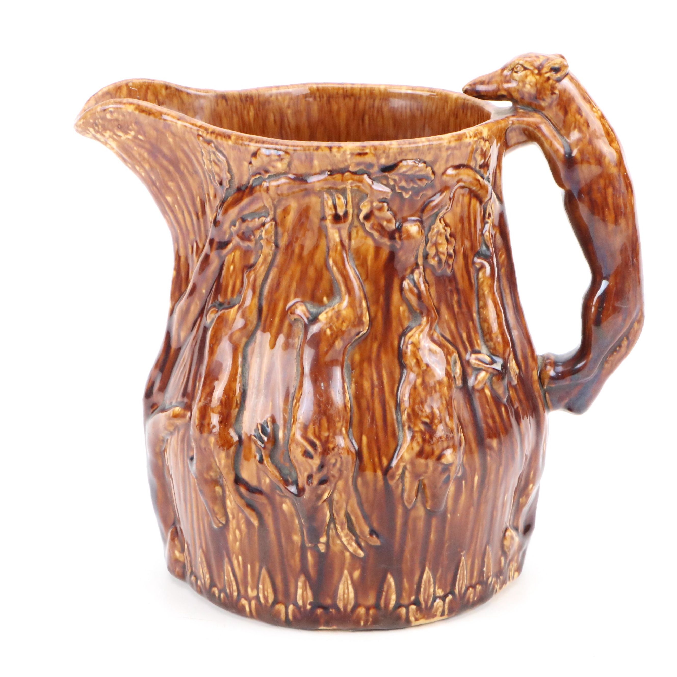Fox-Handled Rockingham Style Glaze Ceramic Pitcher, 19th Century