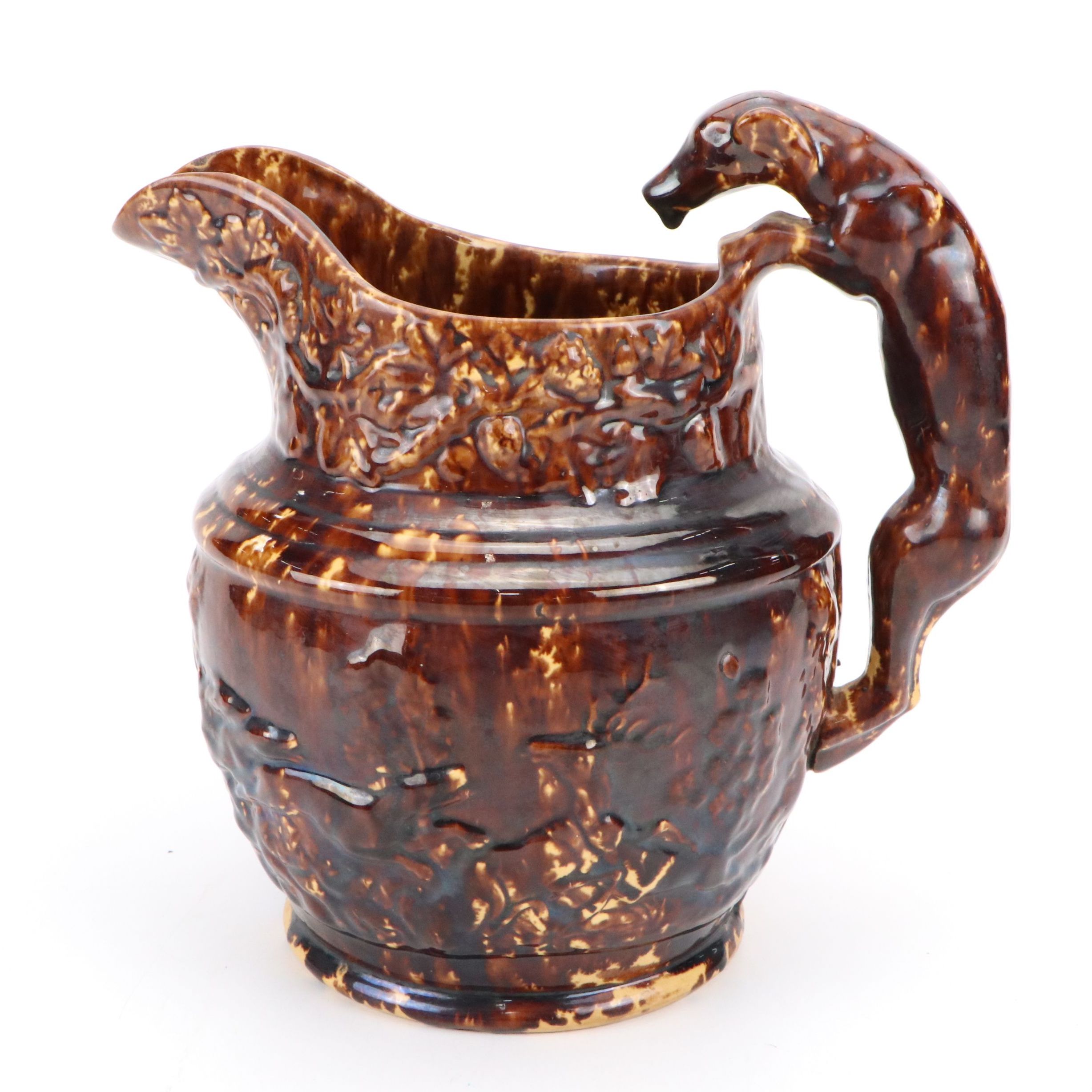 Hound-Handled Rockingham Style Glaze Ceramic Pitcher, 19th Century