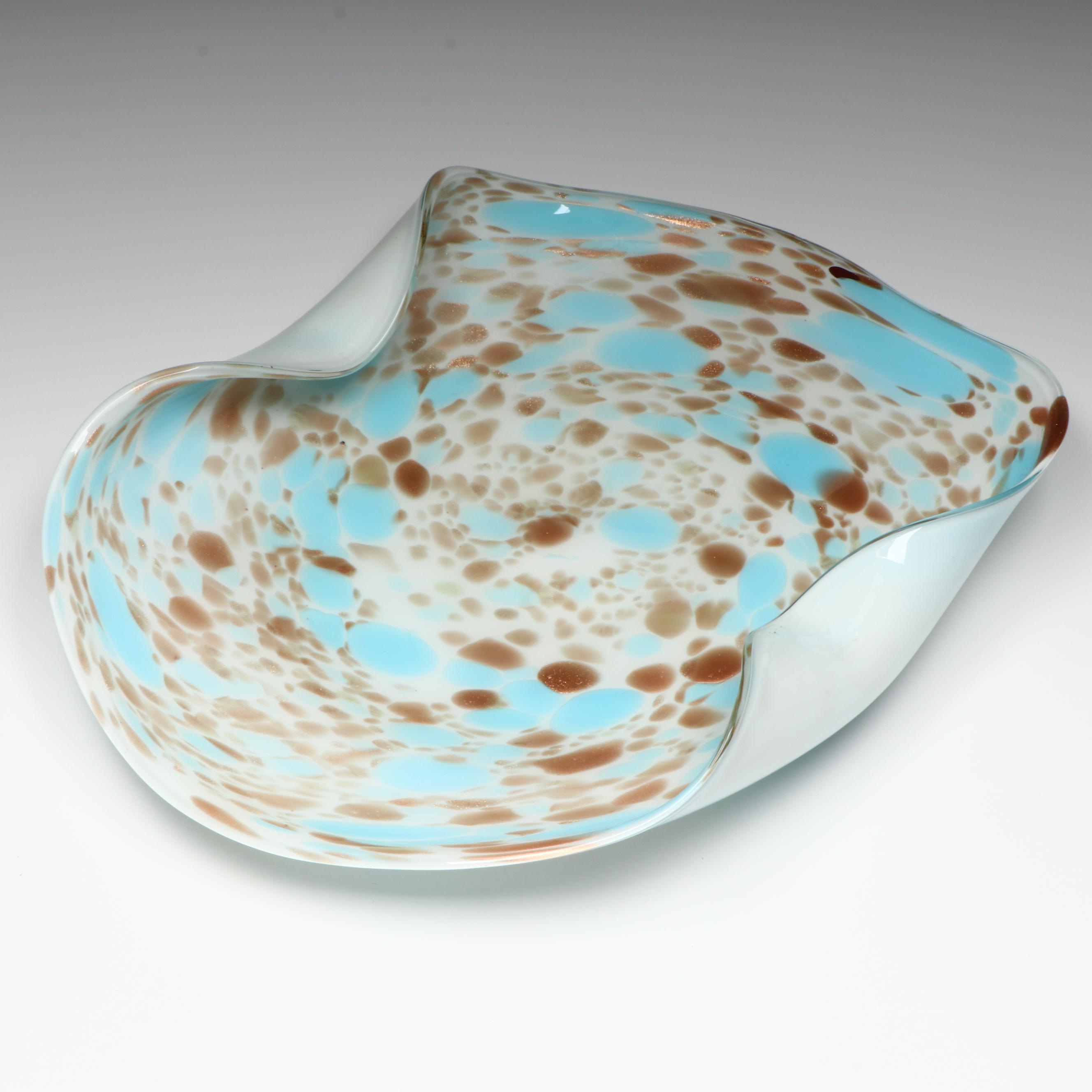 Murano Blown Turquoise and Aventurine Lattimo Art Glass Bowl, Mid to Late 20th C