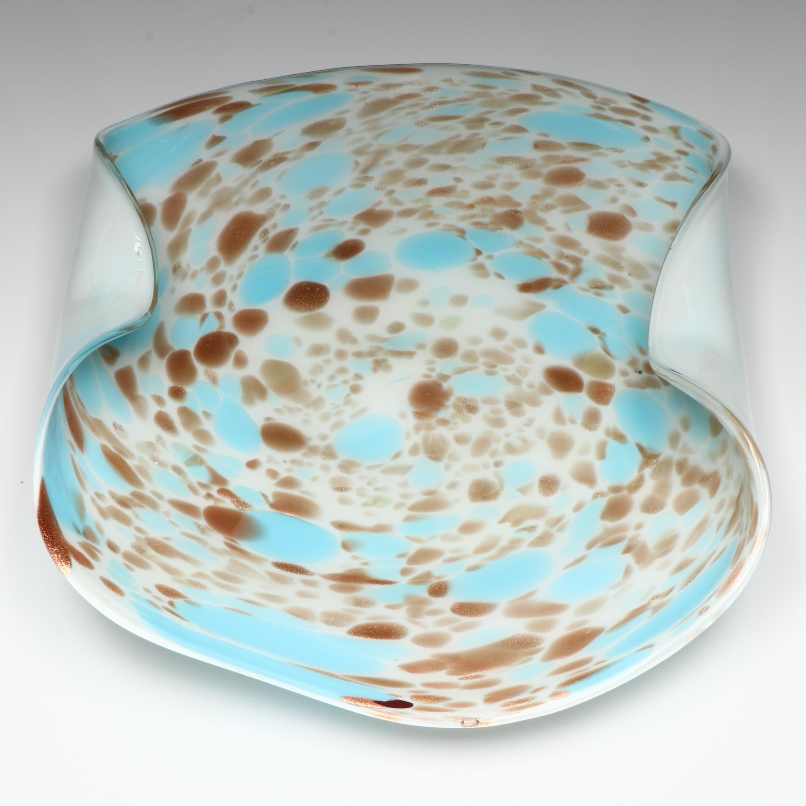 Murano Blown Turquoise and Aventurine Lattimo Art Glass Bowl, Mid to Late 20th C