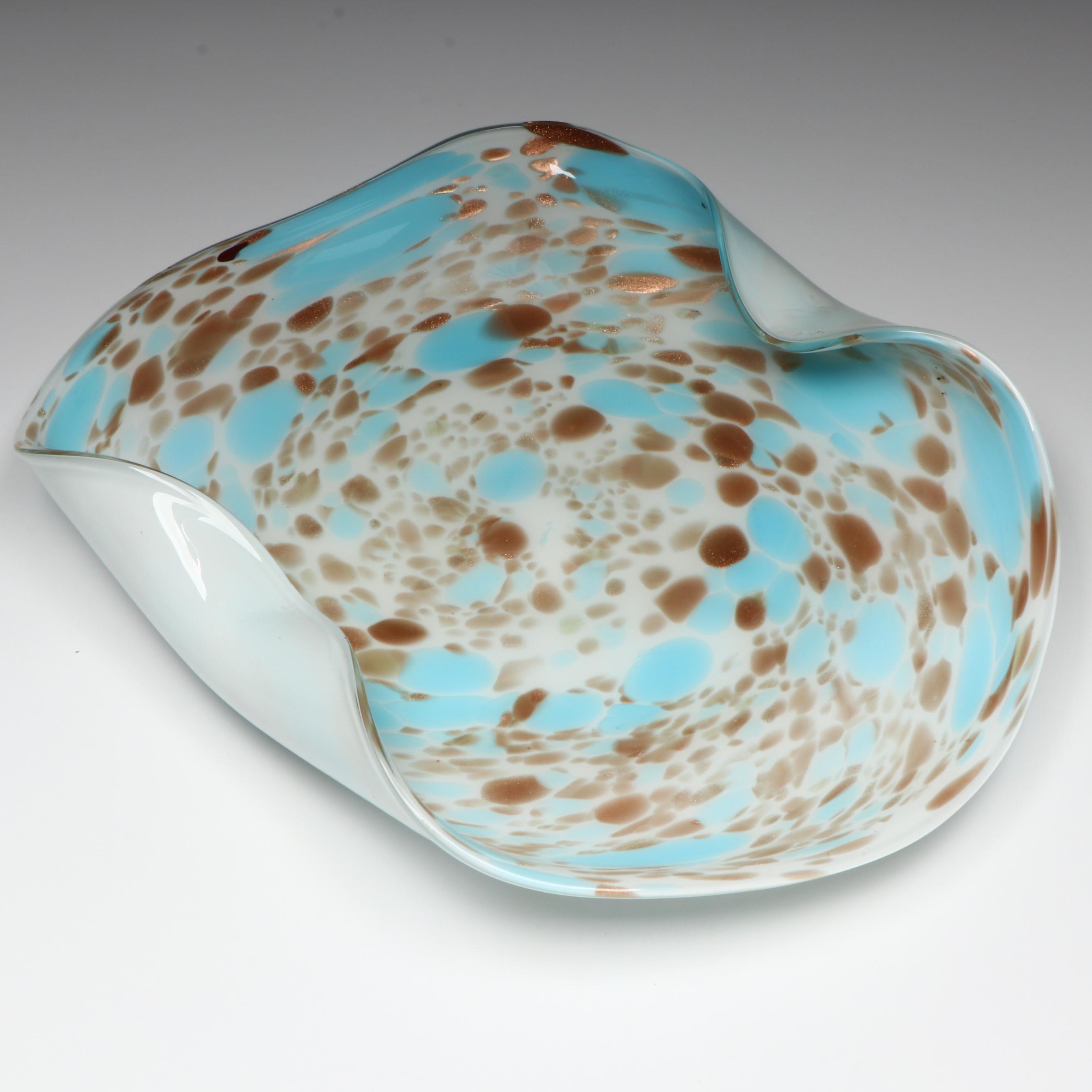 Murano Blown Turquoise and Aventurine Lattimo Art Glass Bowl, Mid to Late 20th C