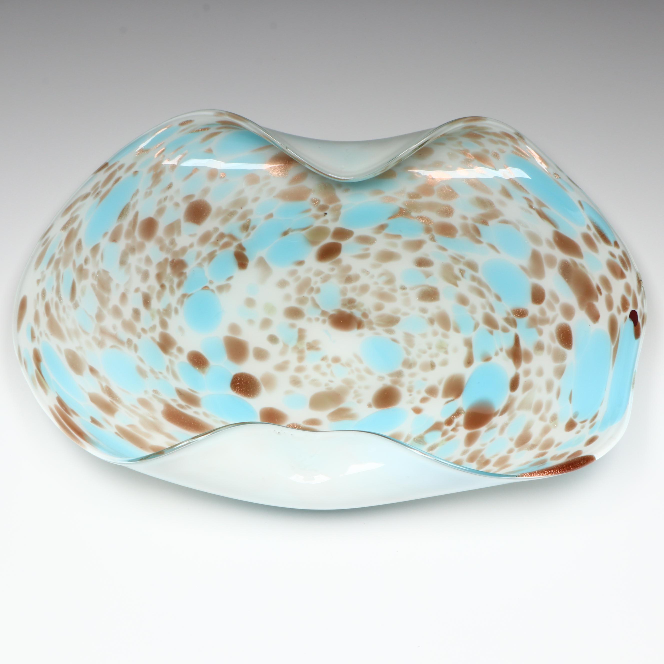 Murano Blown Turquoise and Aventurine Lattimo Art Glass Bowl, Mid to Late 20th C
