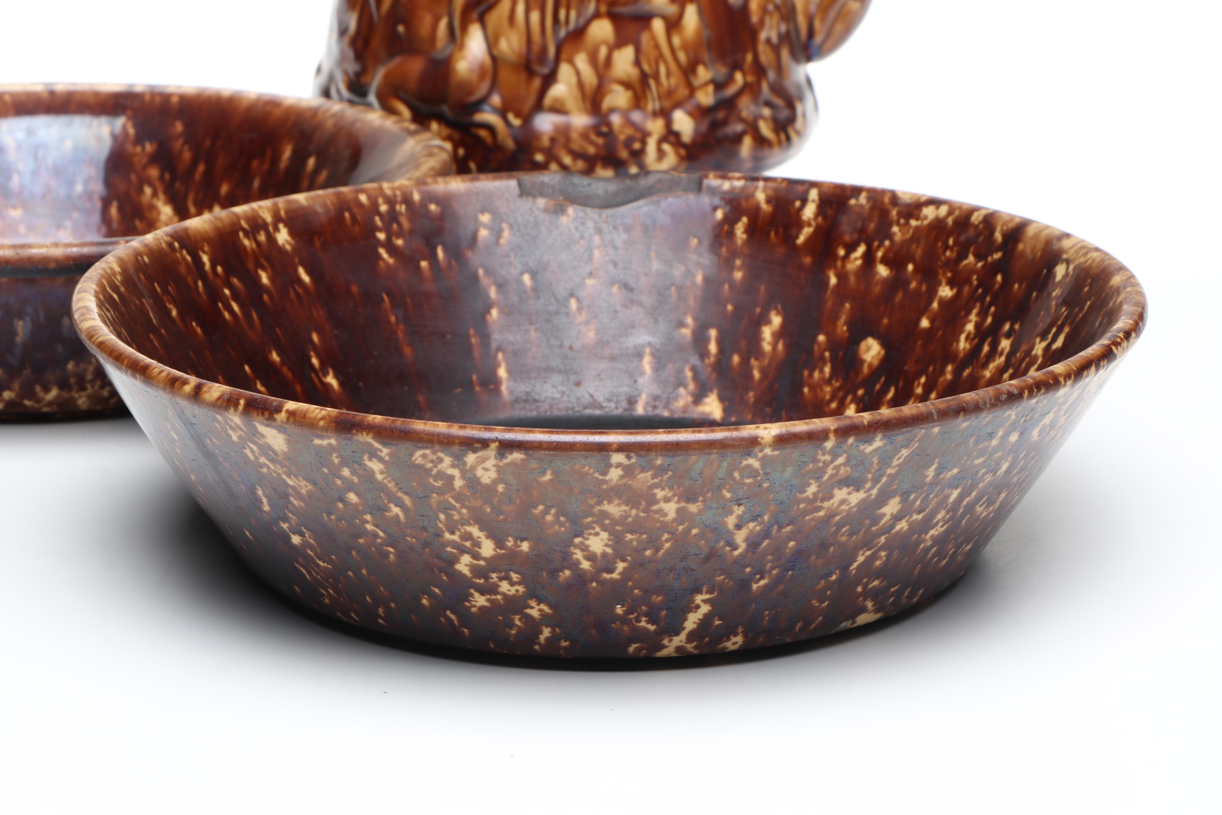 Bennington Rockingham Glazed Molded Pitcher and Milk Pans, Mid to Late 19th C.