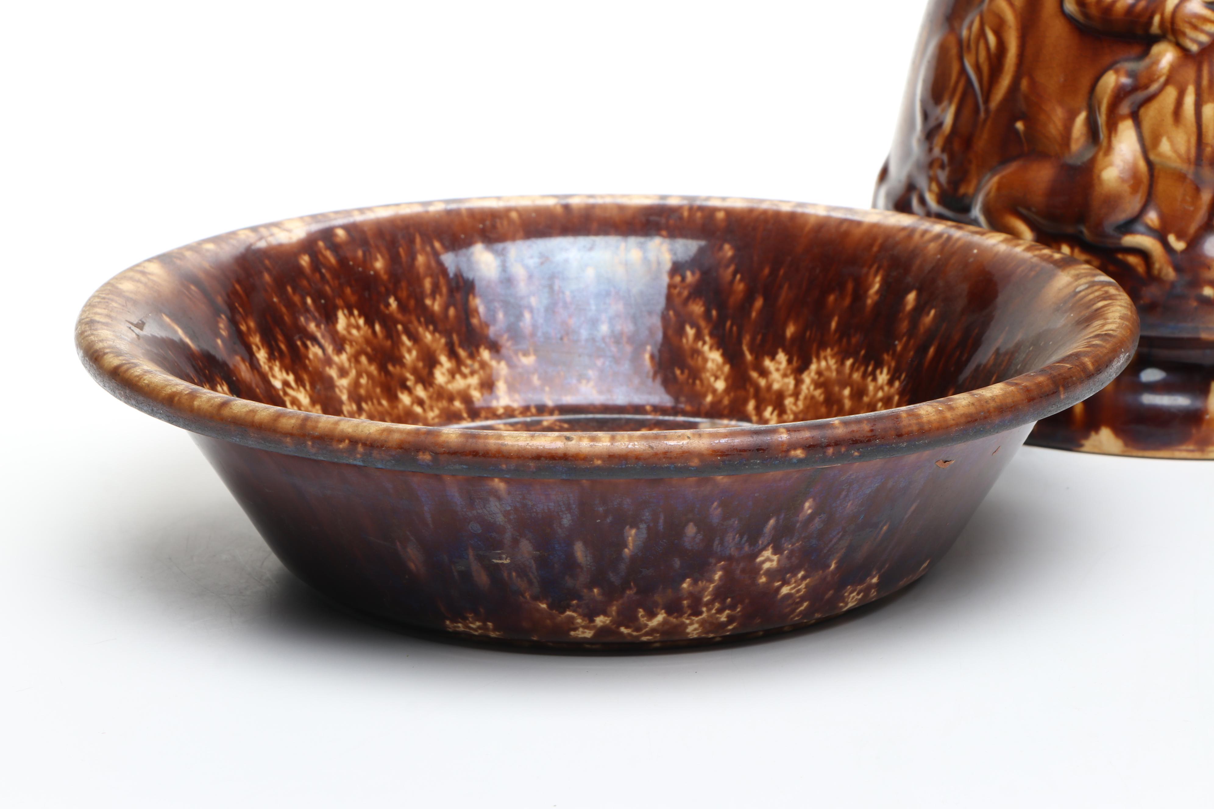 Bennington Rockingham Glazed Molded Pitcher and Milk Pans, Mid to Late 19th C.