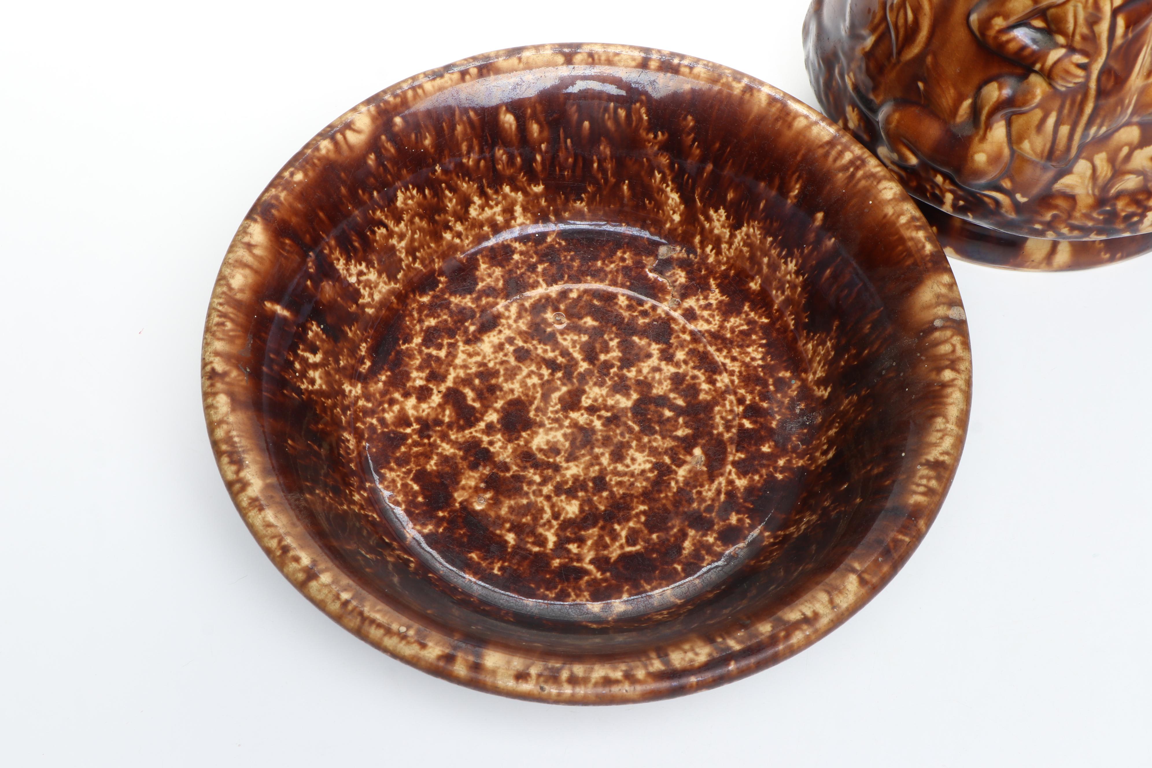 Bennington Rockingham Glazed Molded Pitcher and Milk Pans, Mid to Late 19th C.