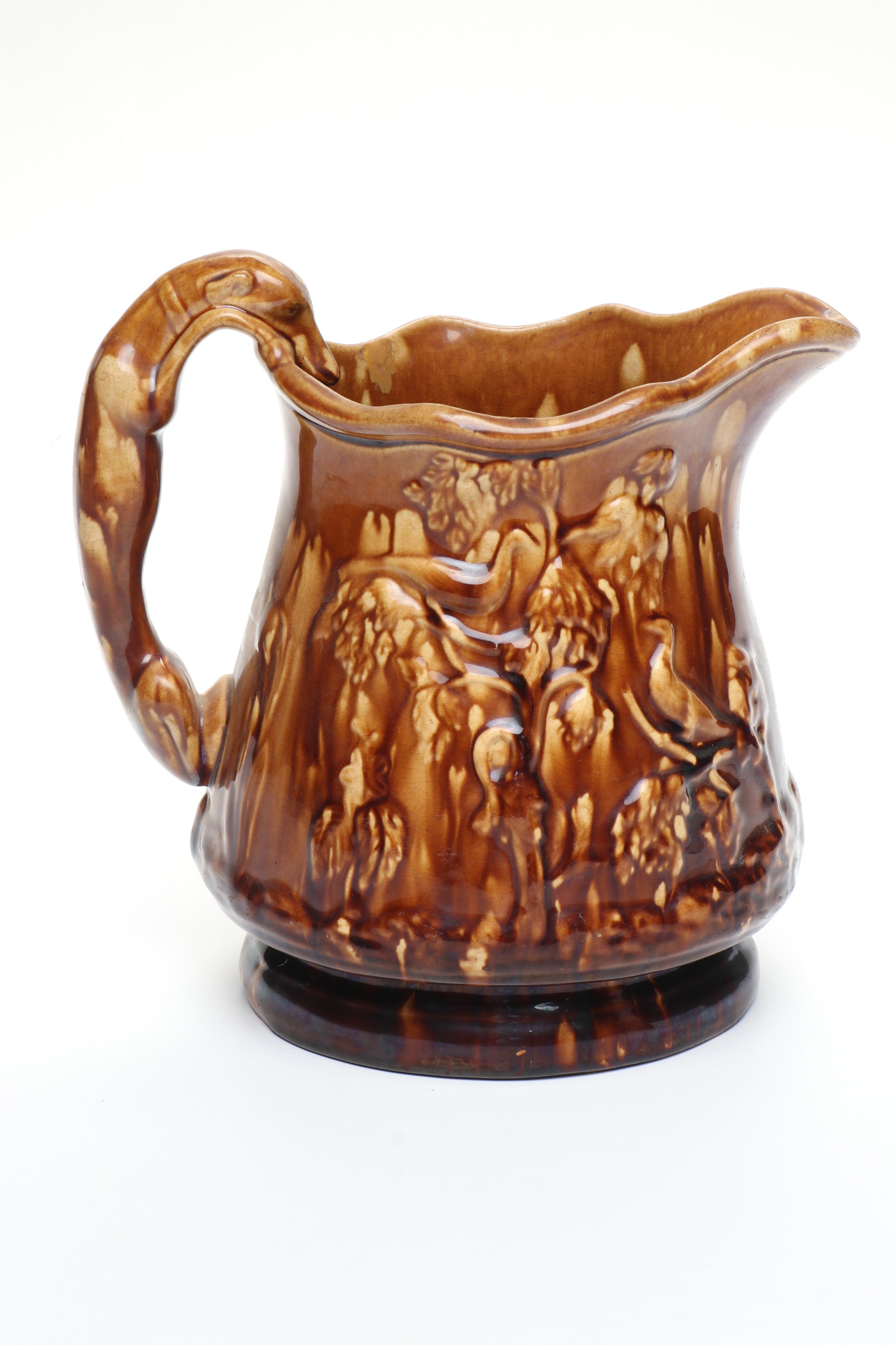 Bennington Rockingham Glazed Molded Pitcher and Milk Pans, Mid to Late 19th C.