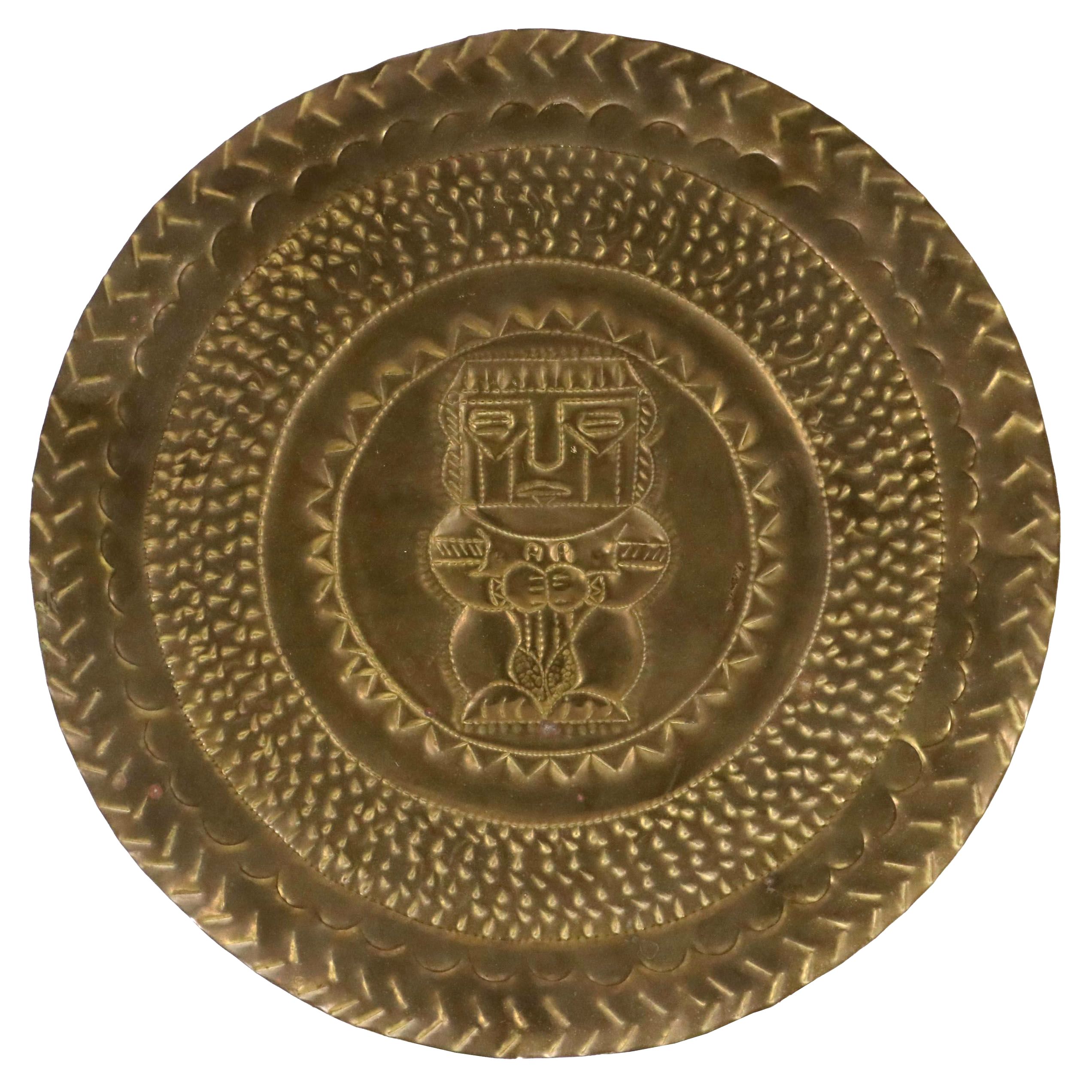 Mayan Inspired Brass Plated Wall Hanging Plaque, Late 20th Century