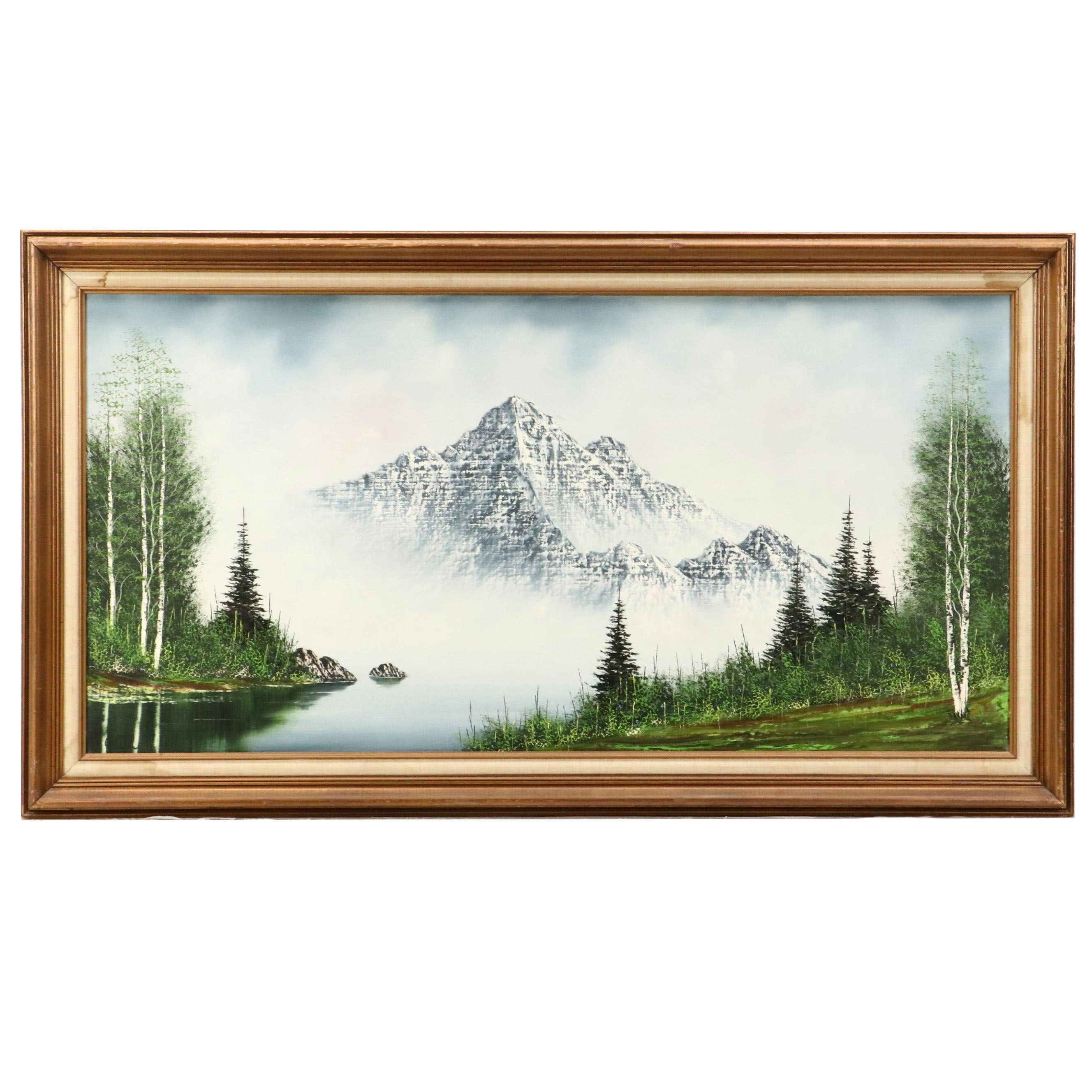 Large-Scale Mountainous Lake Landscape Oil Painting, Late 20th Century
