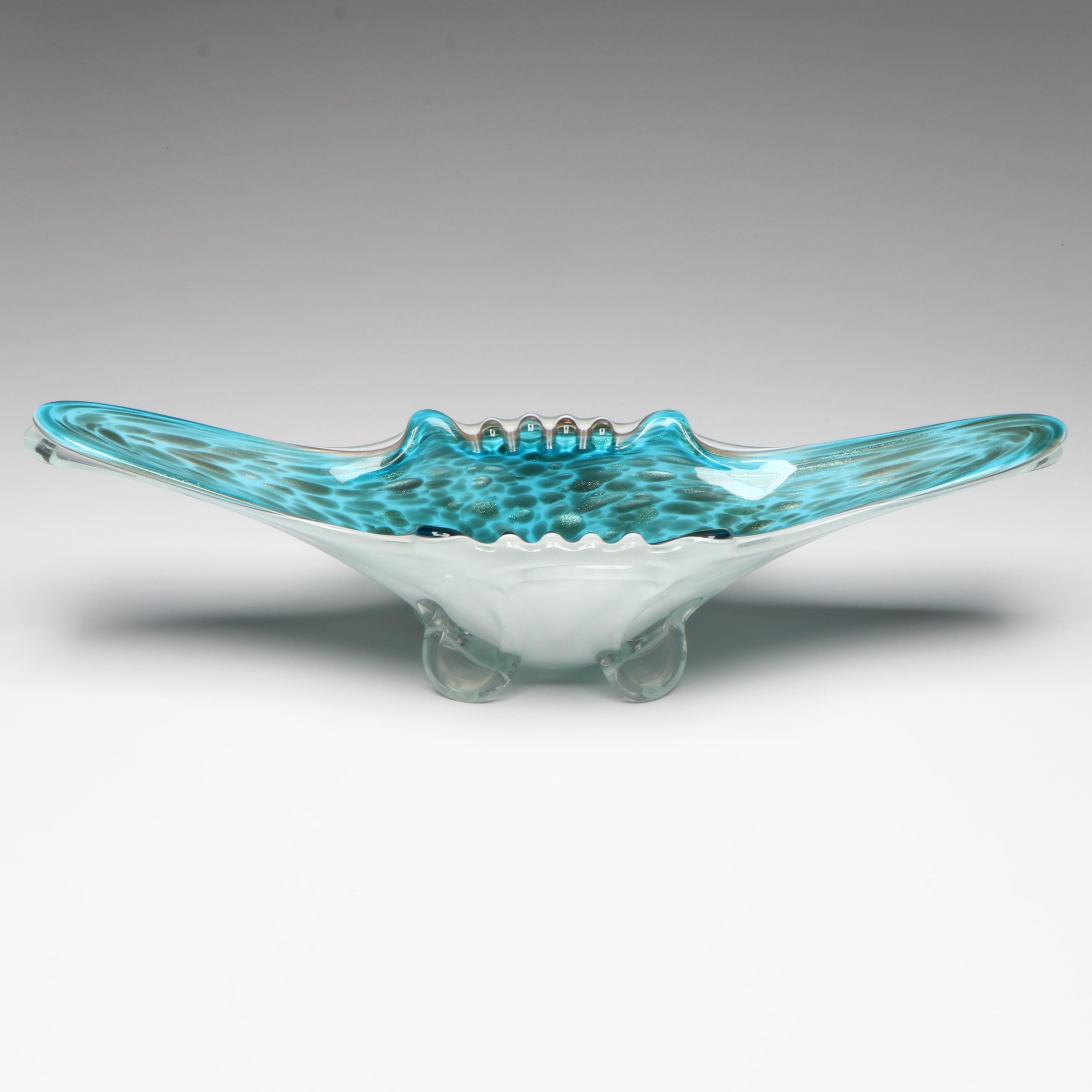 Murano Blown Turquoise and Aventurine Cased Art Glass Bowl, Mid to Late 20th C.