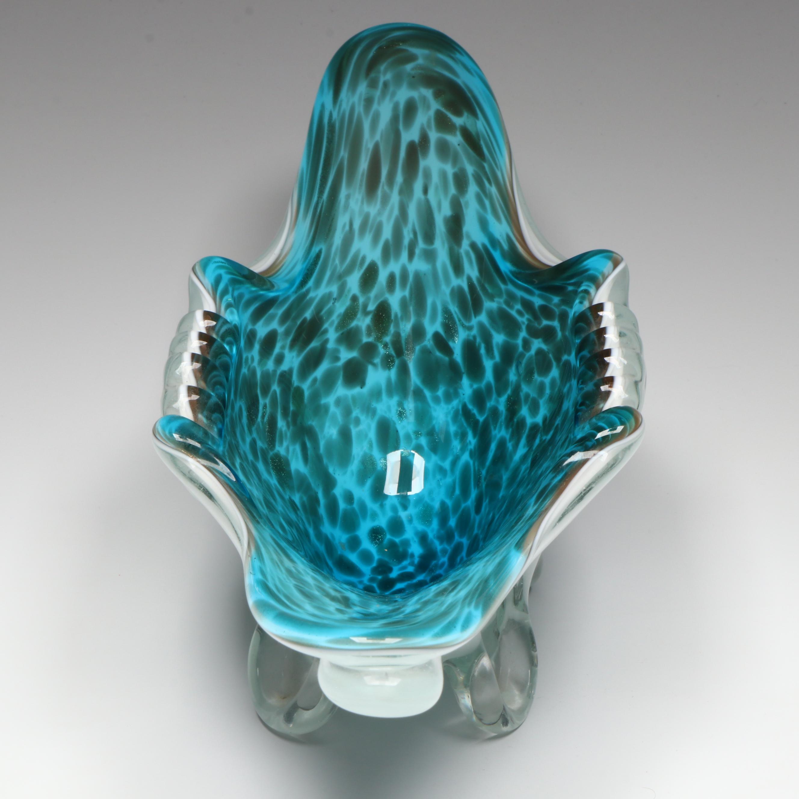 Murano Blown Turquoise and Aventurine Cased Art Glass Bowl, Mid to Late 20th C.