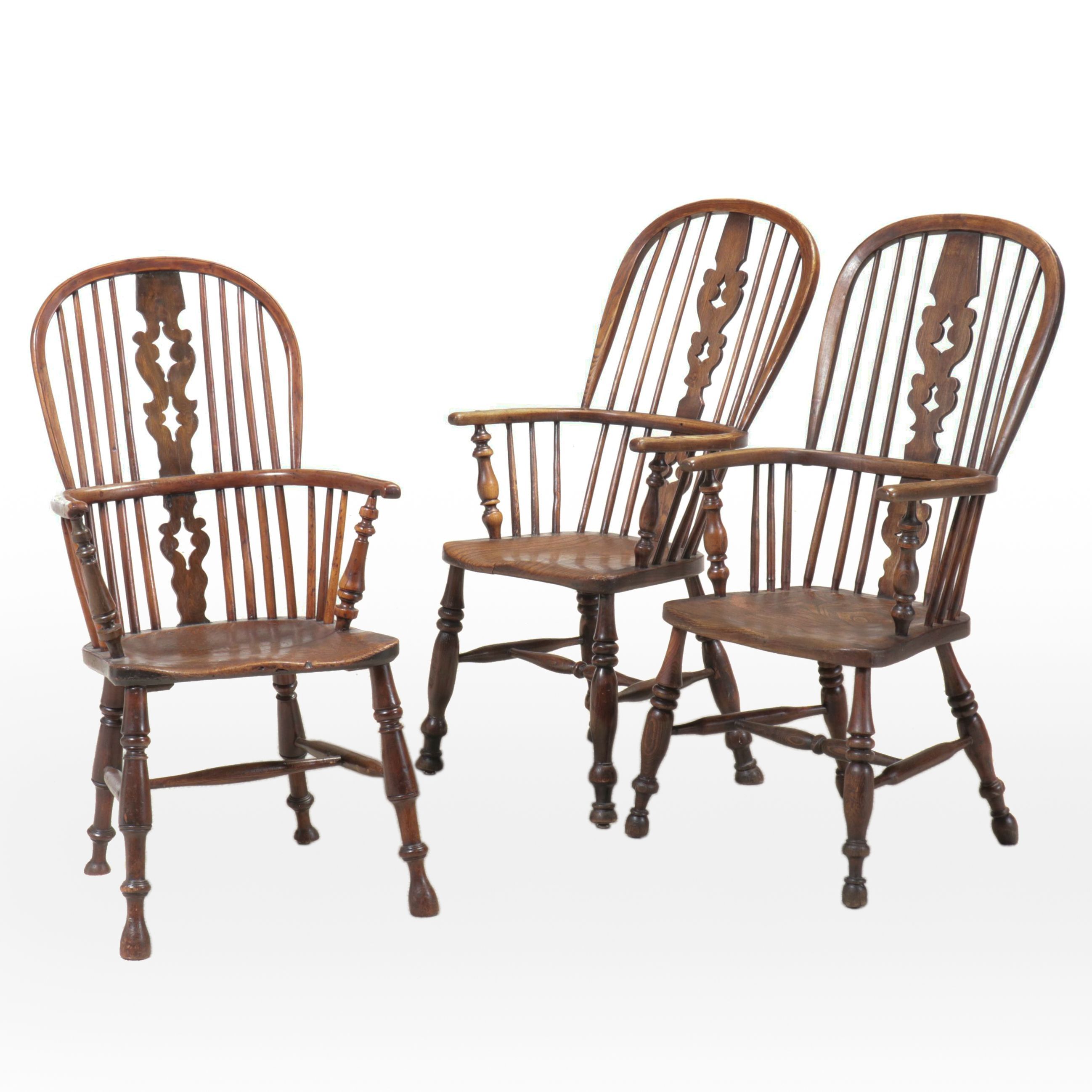Three Oak Sack-Back Windsor Armchairs