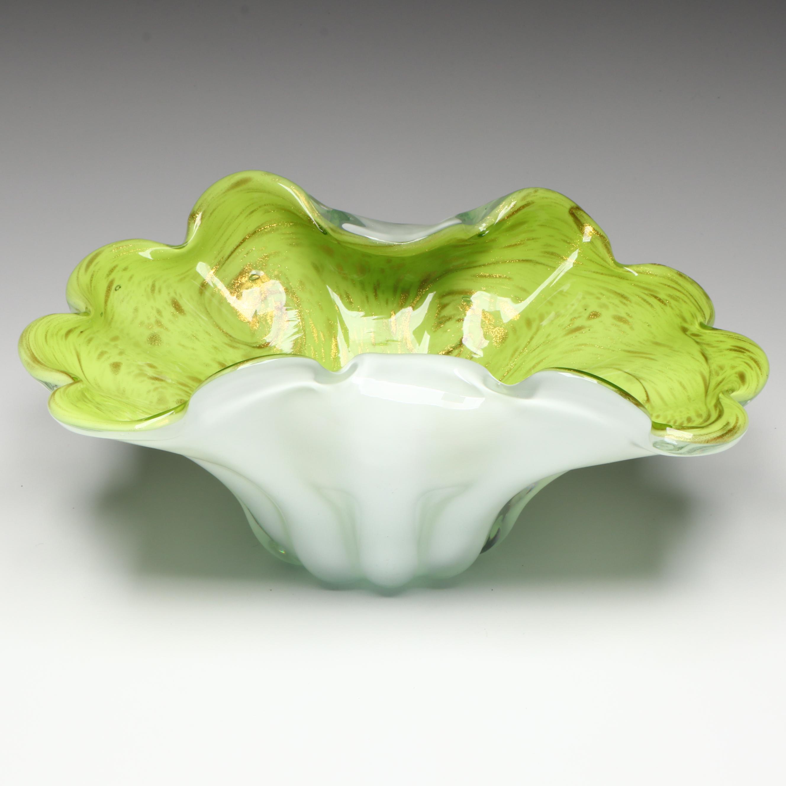 Murano Blown Chartreuse and Aventurine Cased Art Glass Bowl, Mid to Late 20th C.