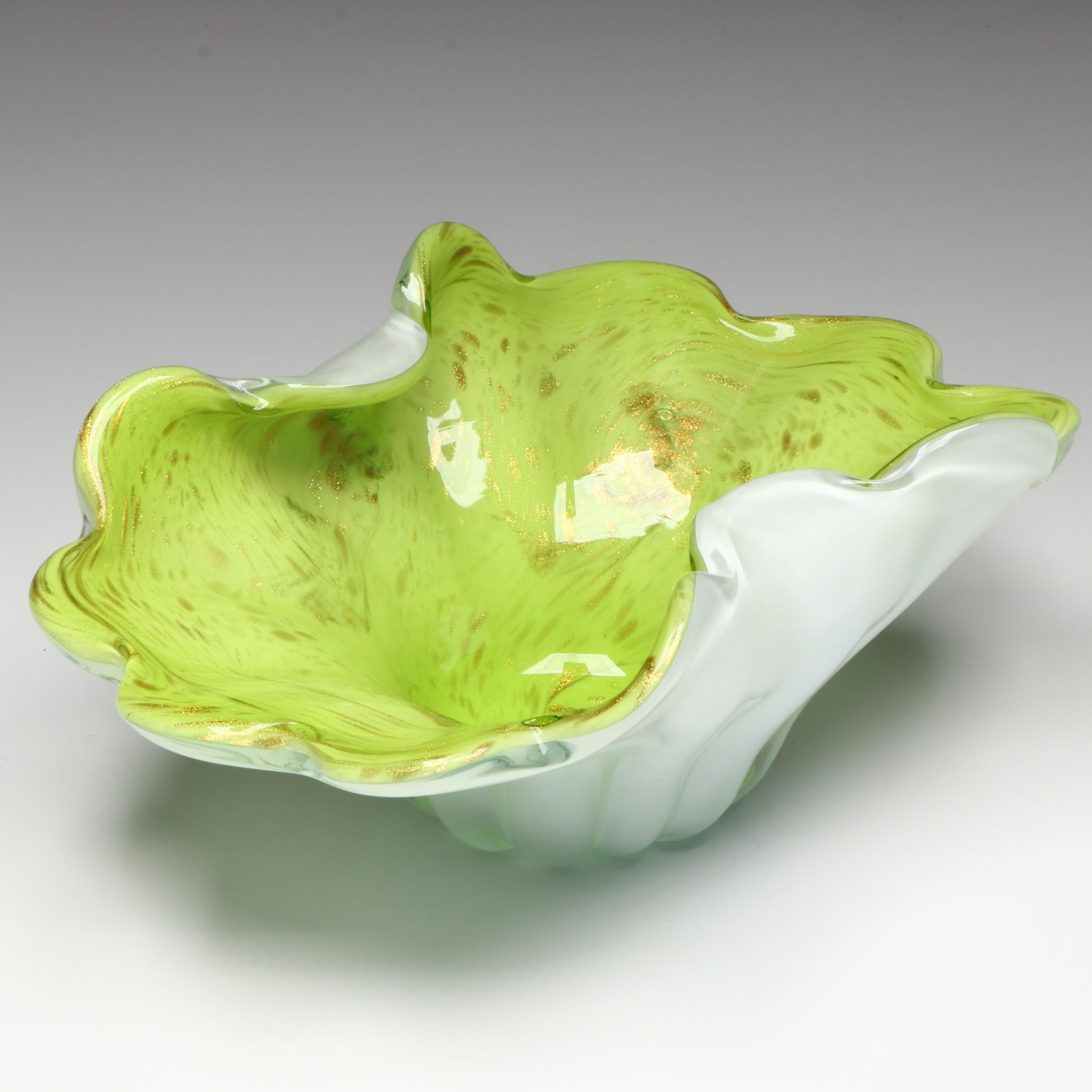 Murano Blown Chartreuse and Aventurine Cased Art Glass Bowl, Mid to Late 20th C.