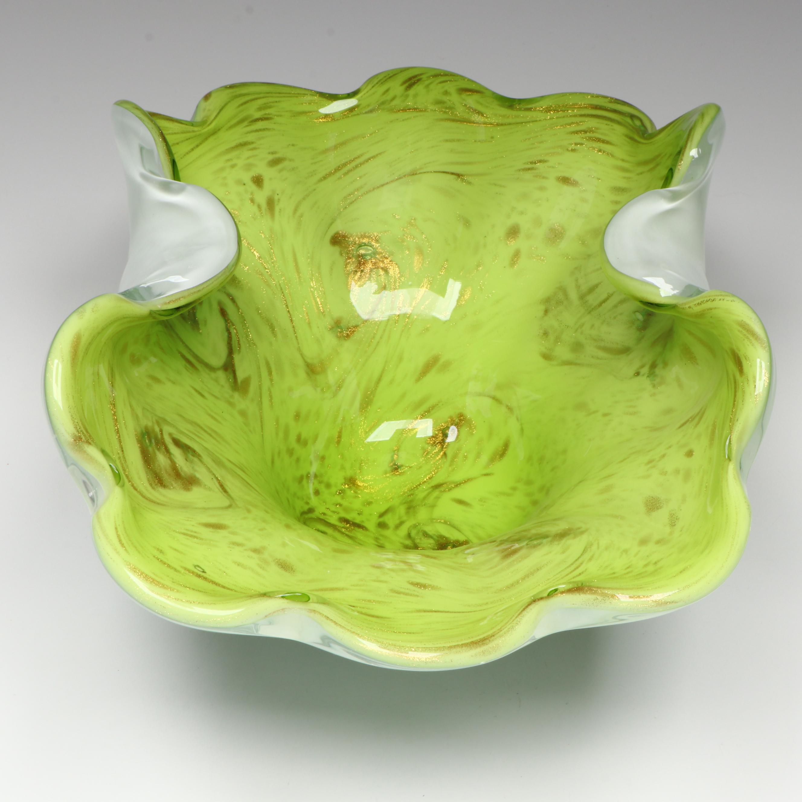 Murano Blown Chartreuse and Aventurine Cased Art Glass Bowl, Mid to Late 20th C.