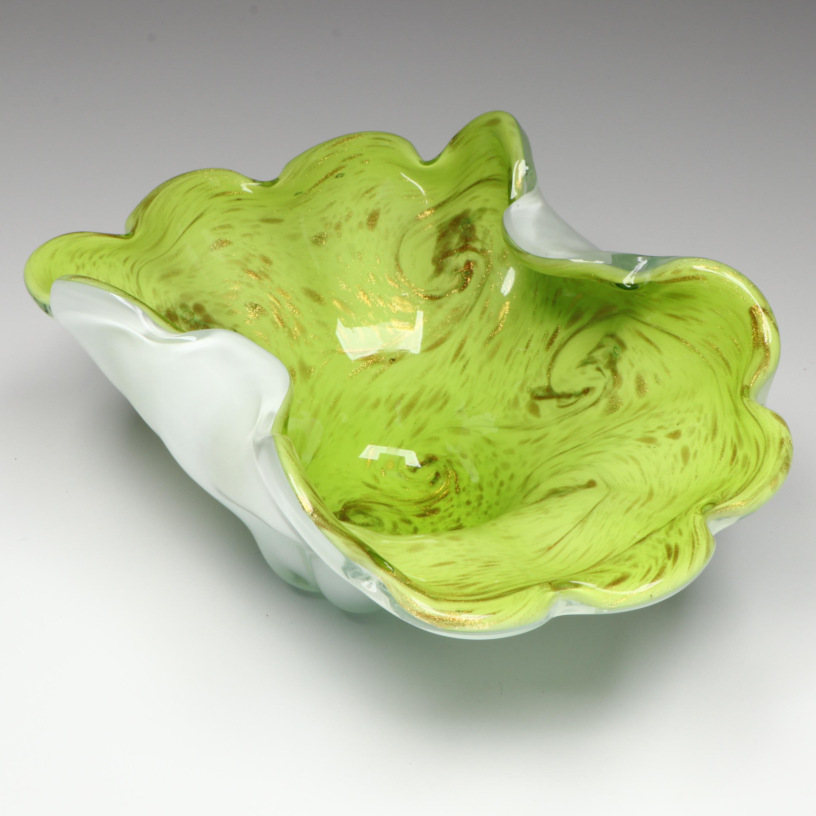 Murano Blown Chartreuse and Aventurine Cased Art Glass Bowl, Mid to Late 20th C.