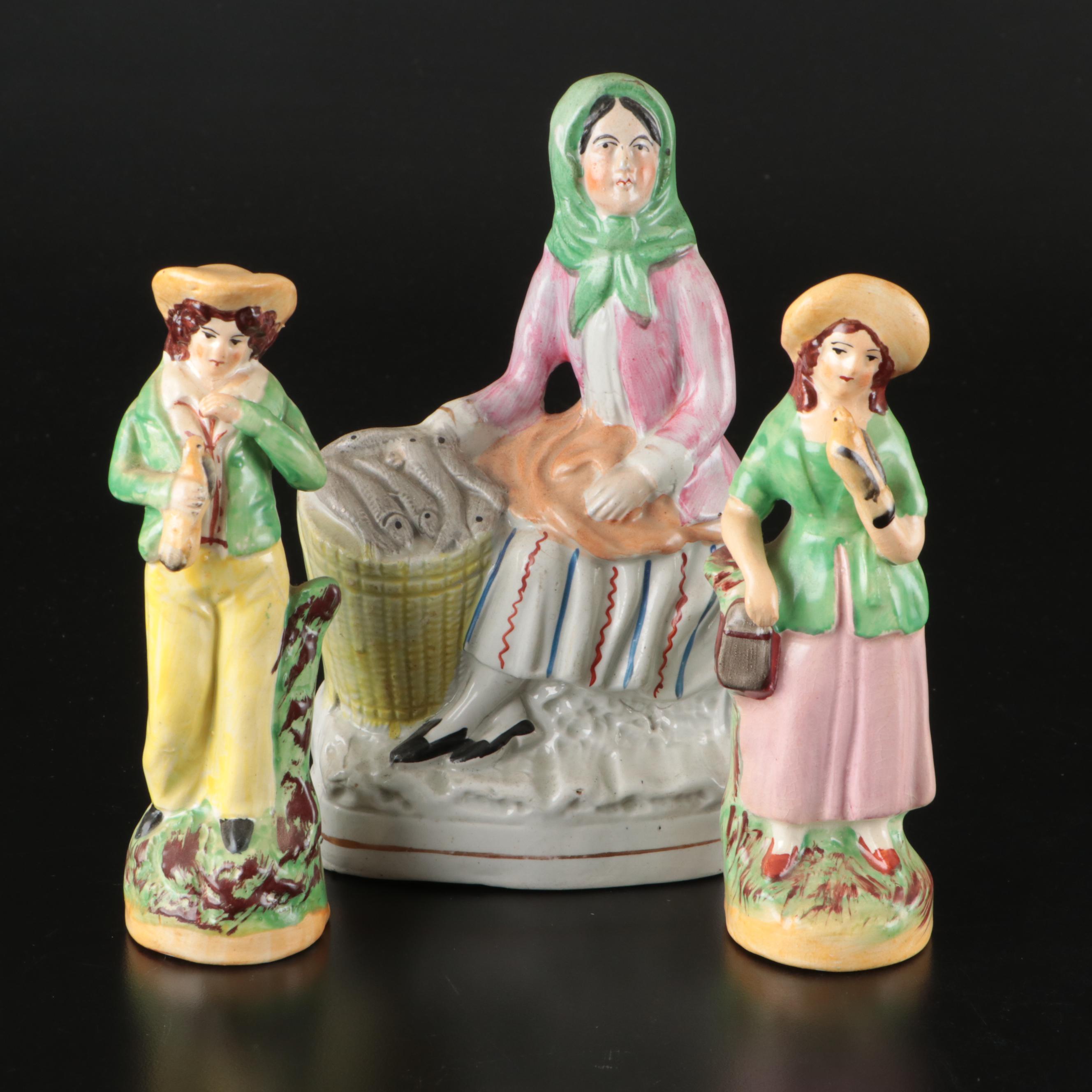 Staffordshire Fishmonger Flatback with William Kent Boy and Girl Figurines