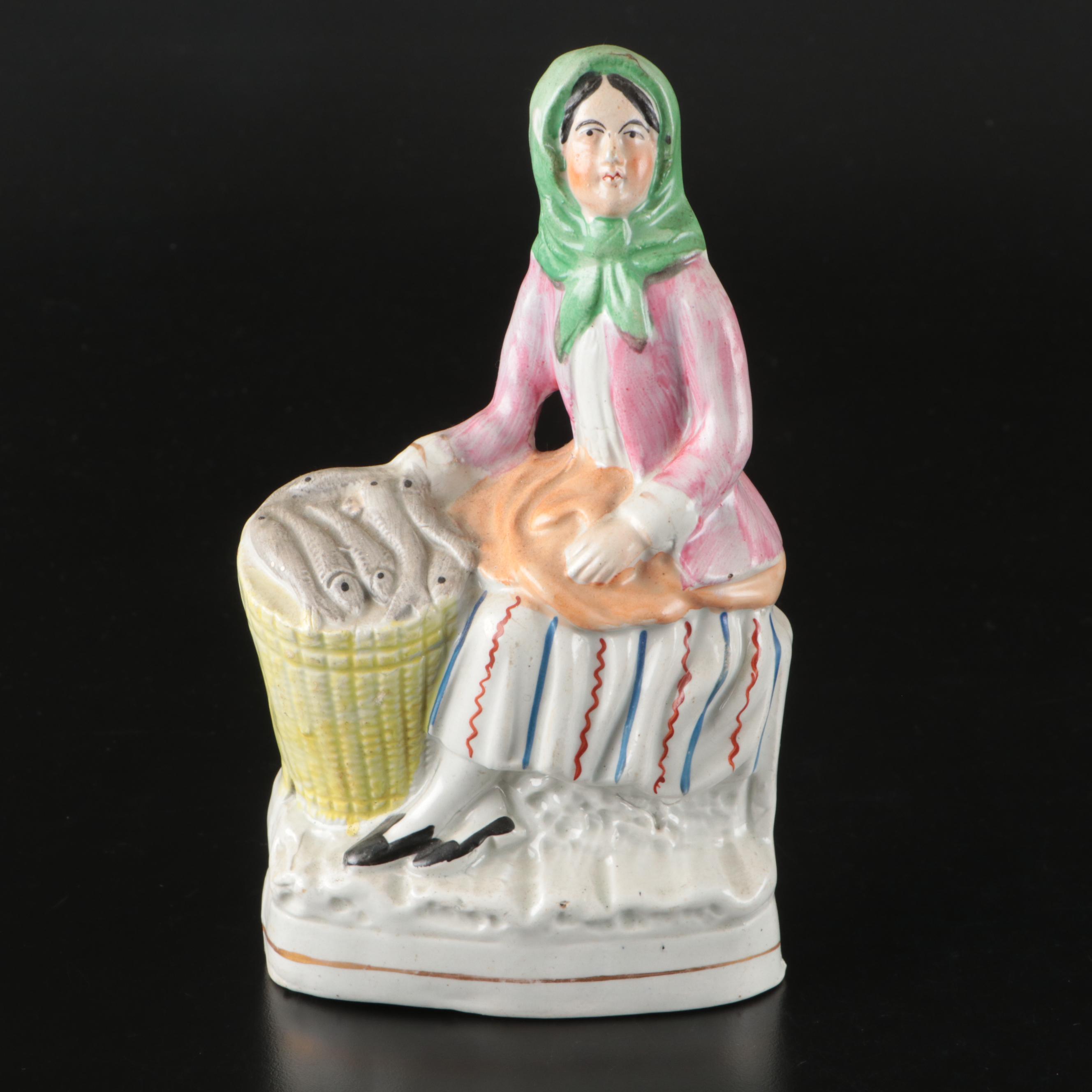 Staffordshire Fishmonger Flatback with William Kent Boy and Girl Figurines