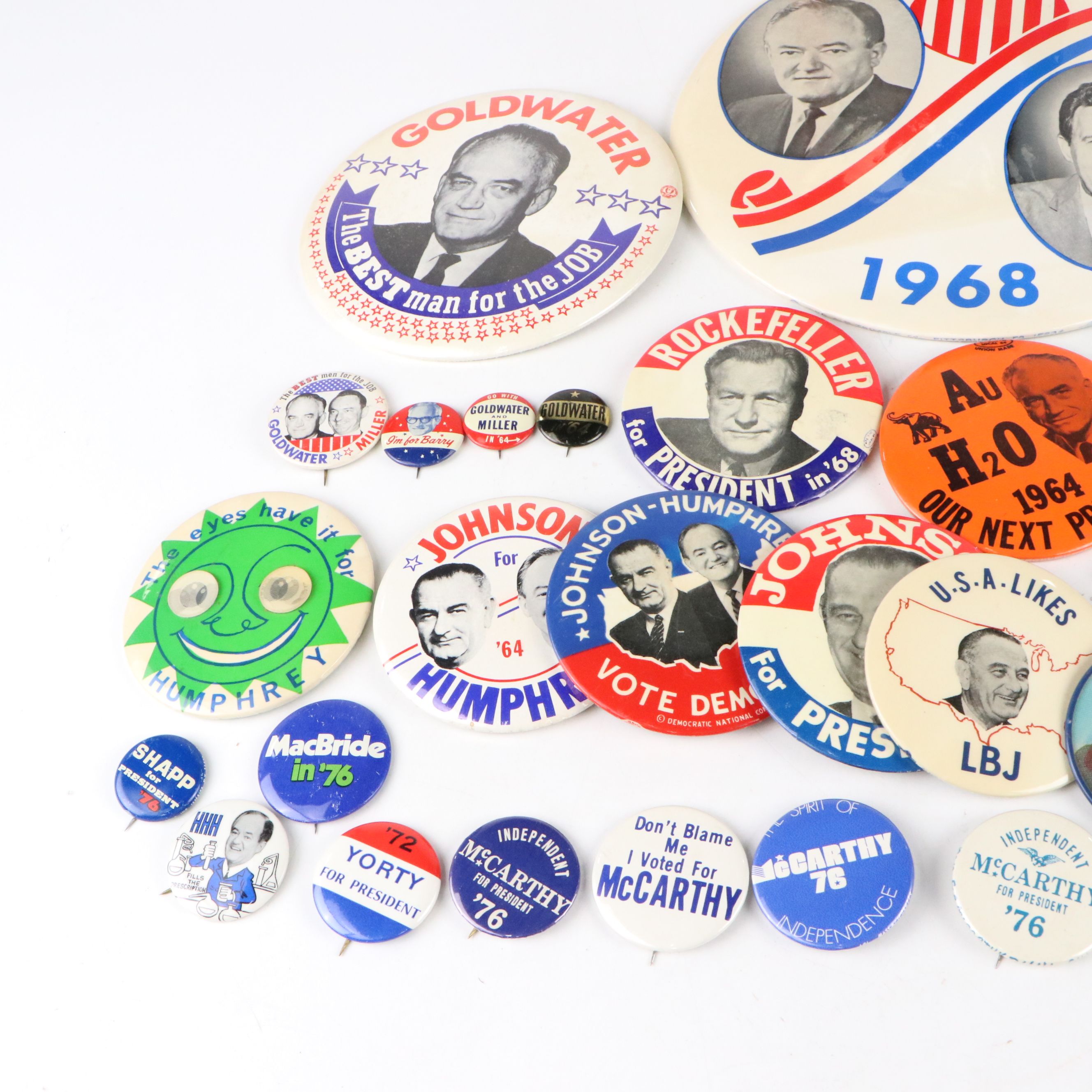 Hubert Humphrey with Other Pinbacks and Lyndon B. Johnson Bobblehead