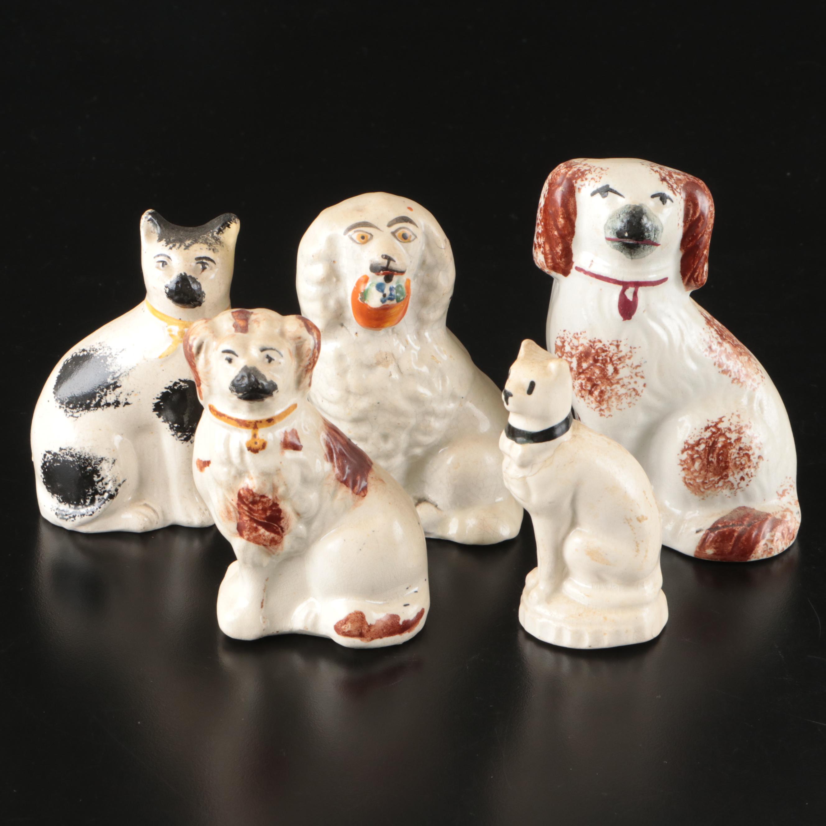 Staffordshire and Victorian Spaniels and Cat Figurines, Mid to Late 19th Century