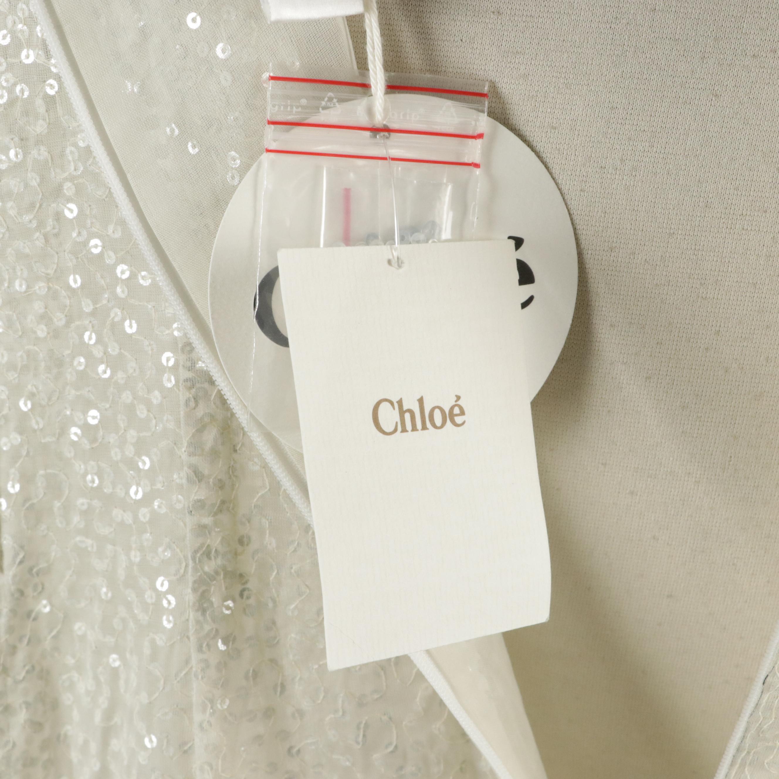 Chloé Winter Collection Lightly Gathered Sequin Dress in Ecru Cotton Organdie