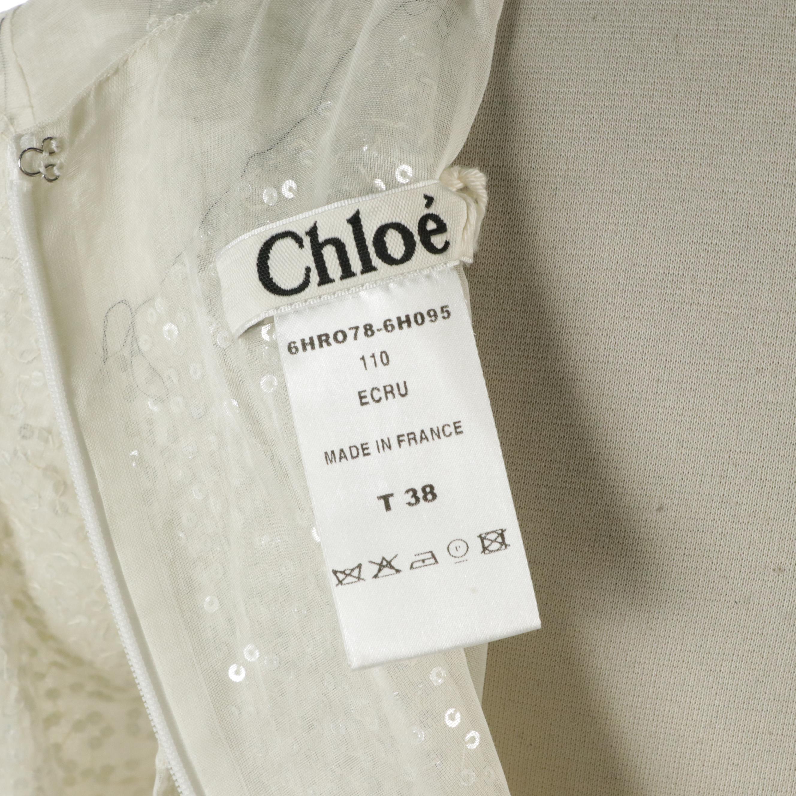 Chloé Winter Collection Lightly Gathered Sequin Dress in Ecru Cotton Organdie