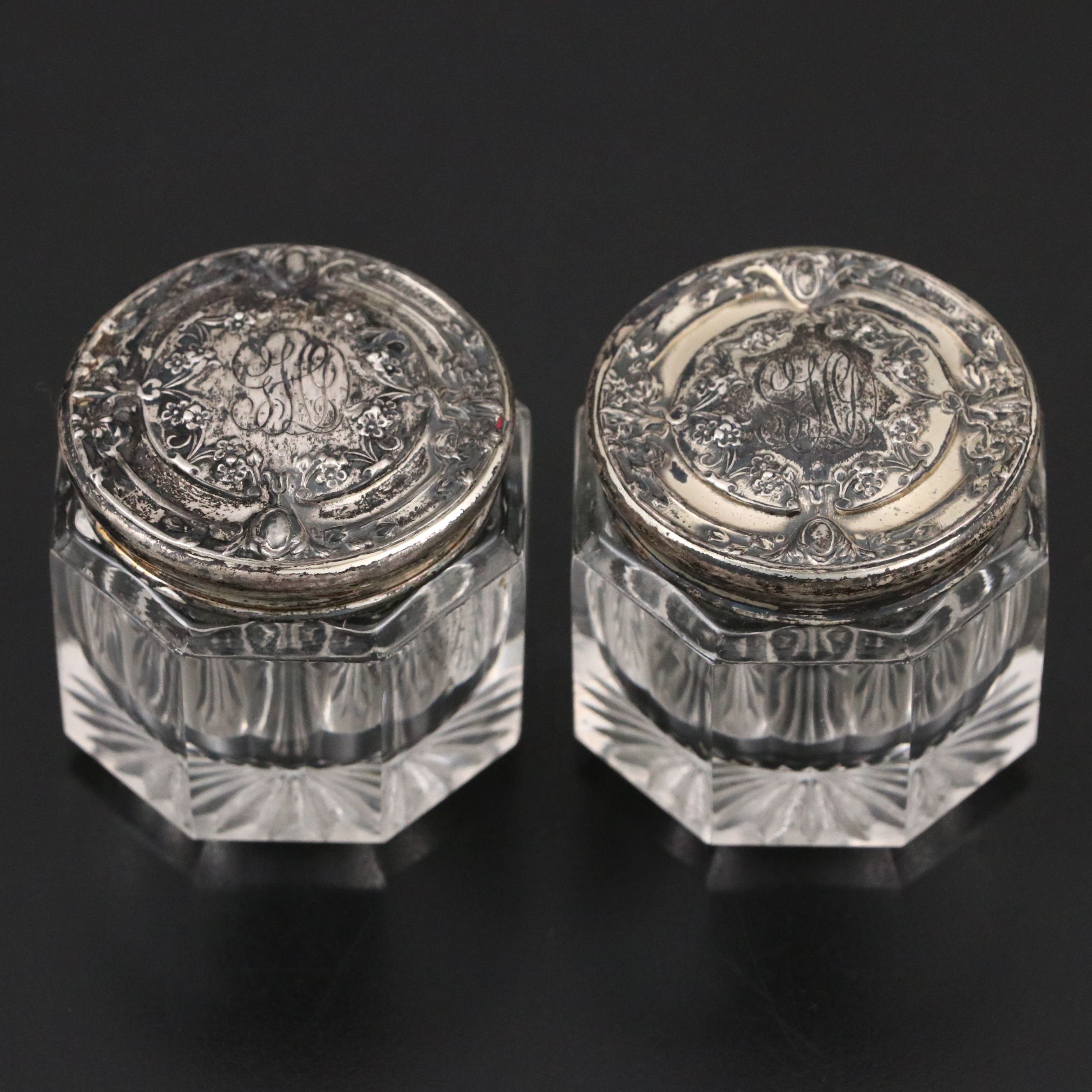 American Repousse Sterling Silver and Glass Vanity Jars, Early 20th Century