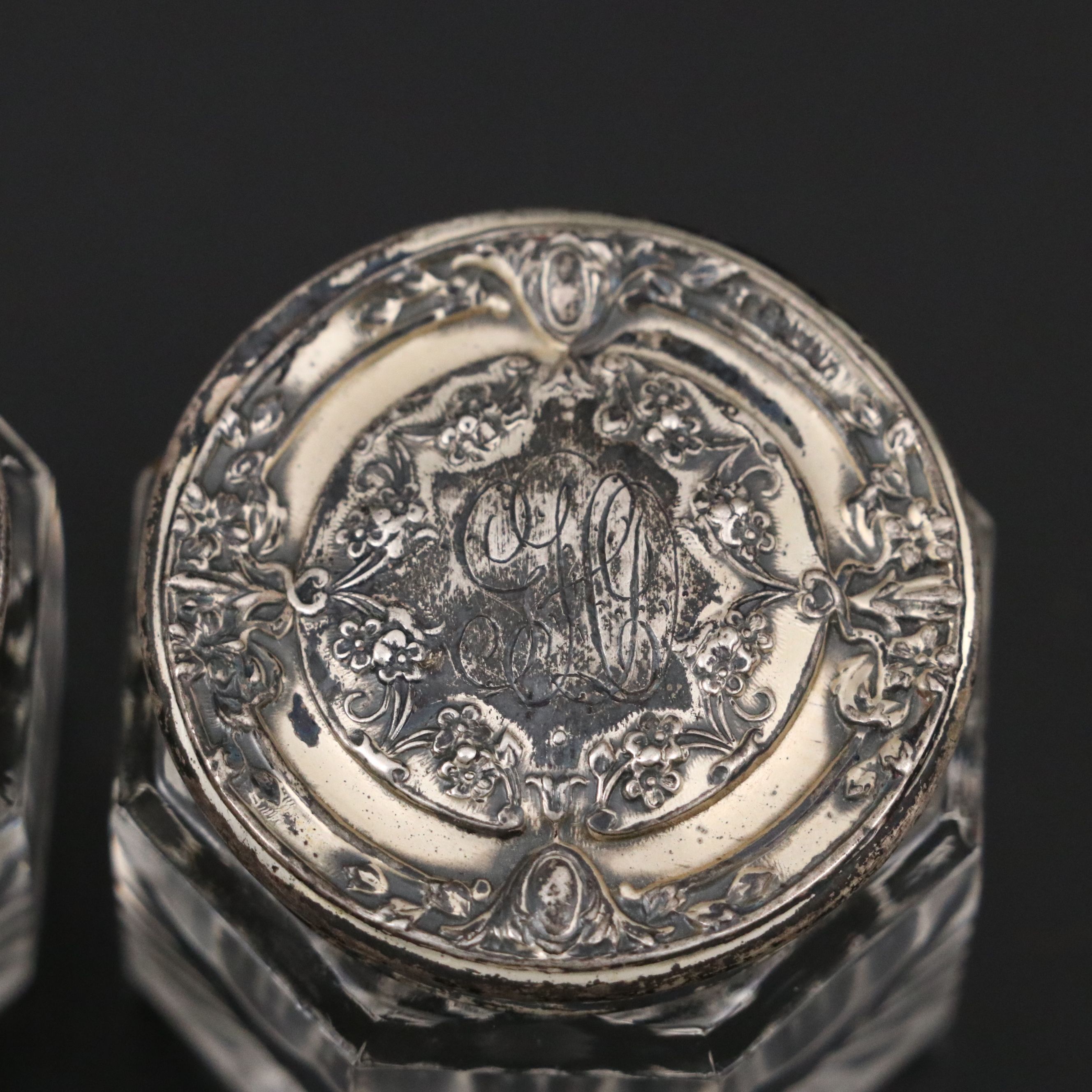 American Repousse Sterling Silver and Glass Vanity Jars, Early 20th Century