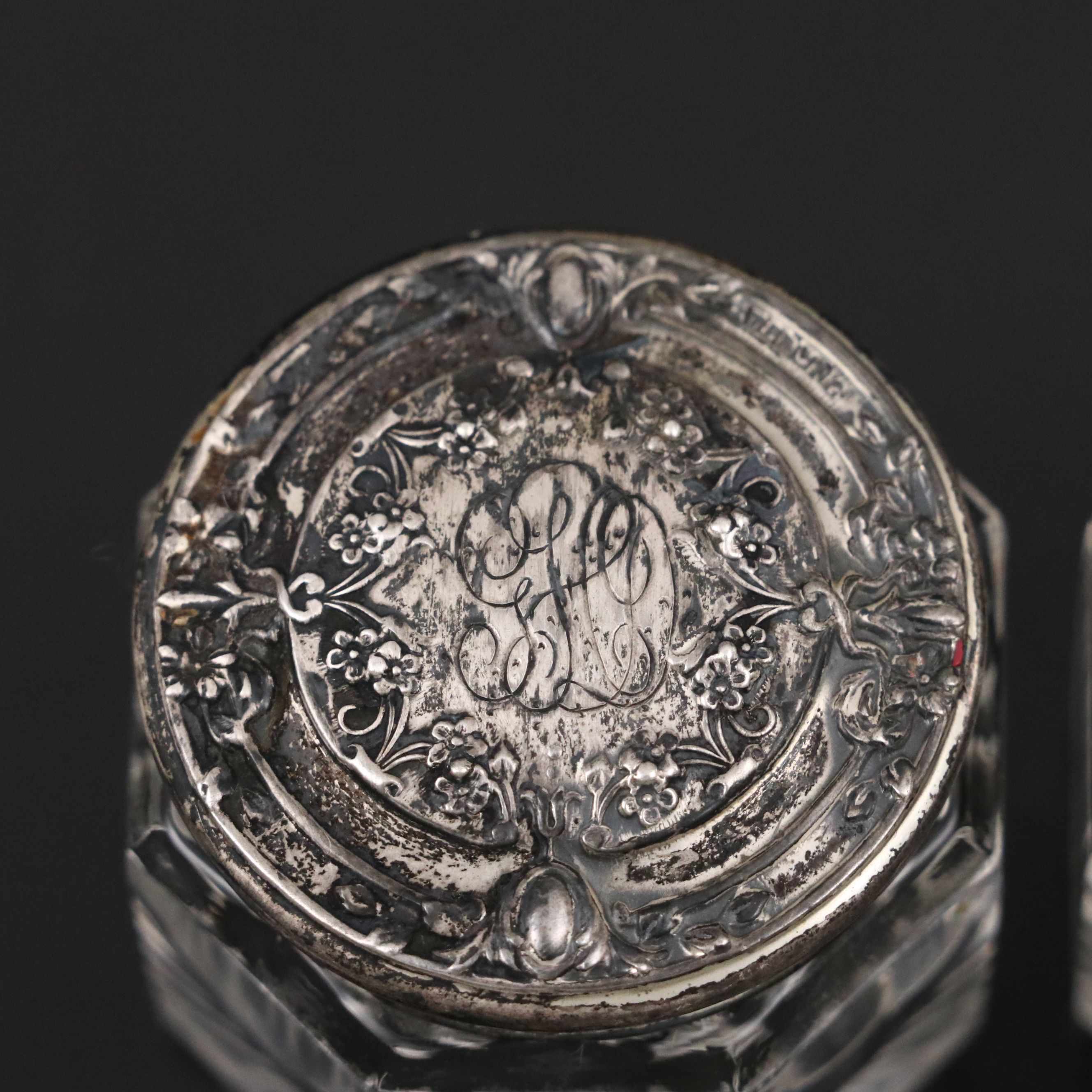 American Repousse Sterling Silver and Glass Vanity Jars, Early 20th Century