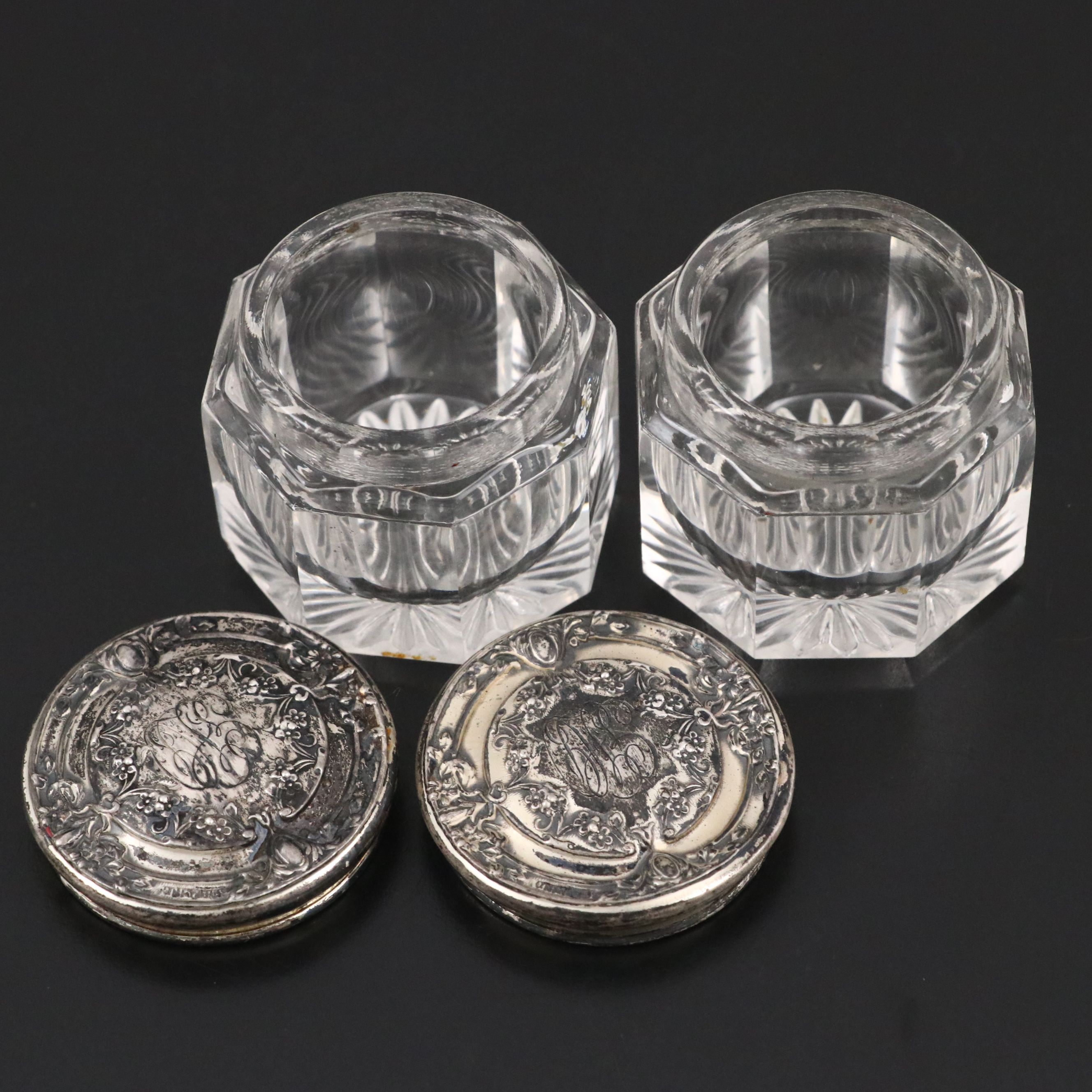 American Repousse Sterling Silver and Glass Vanity Jars, Early 20th Century