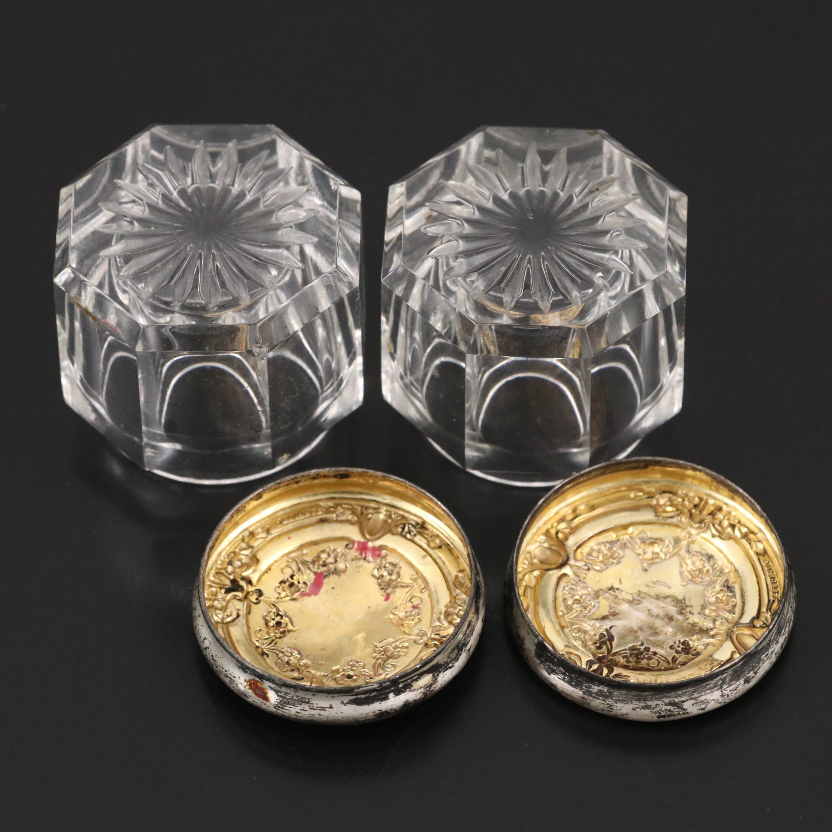 American Repousse Sterling Silver and Glass Vanity Jars, Early 20th Century