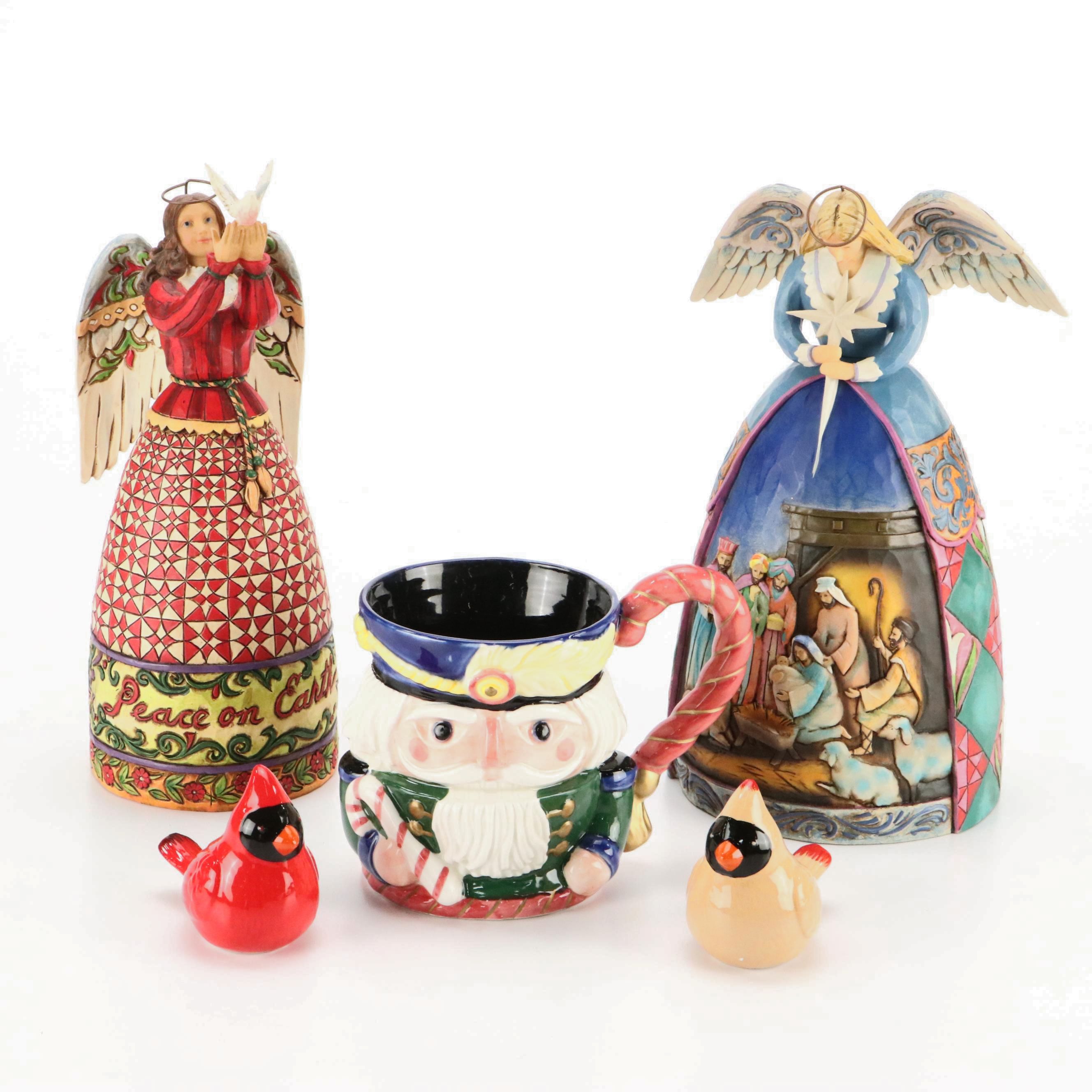 Jim Shore Resin Angel Figurines with Fitz & Floyd Mug and Cardinal Shakers