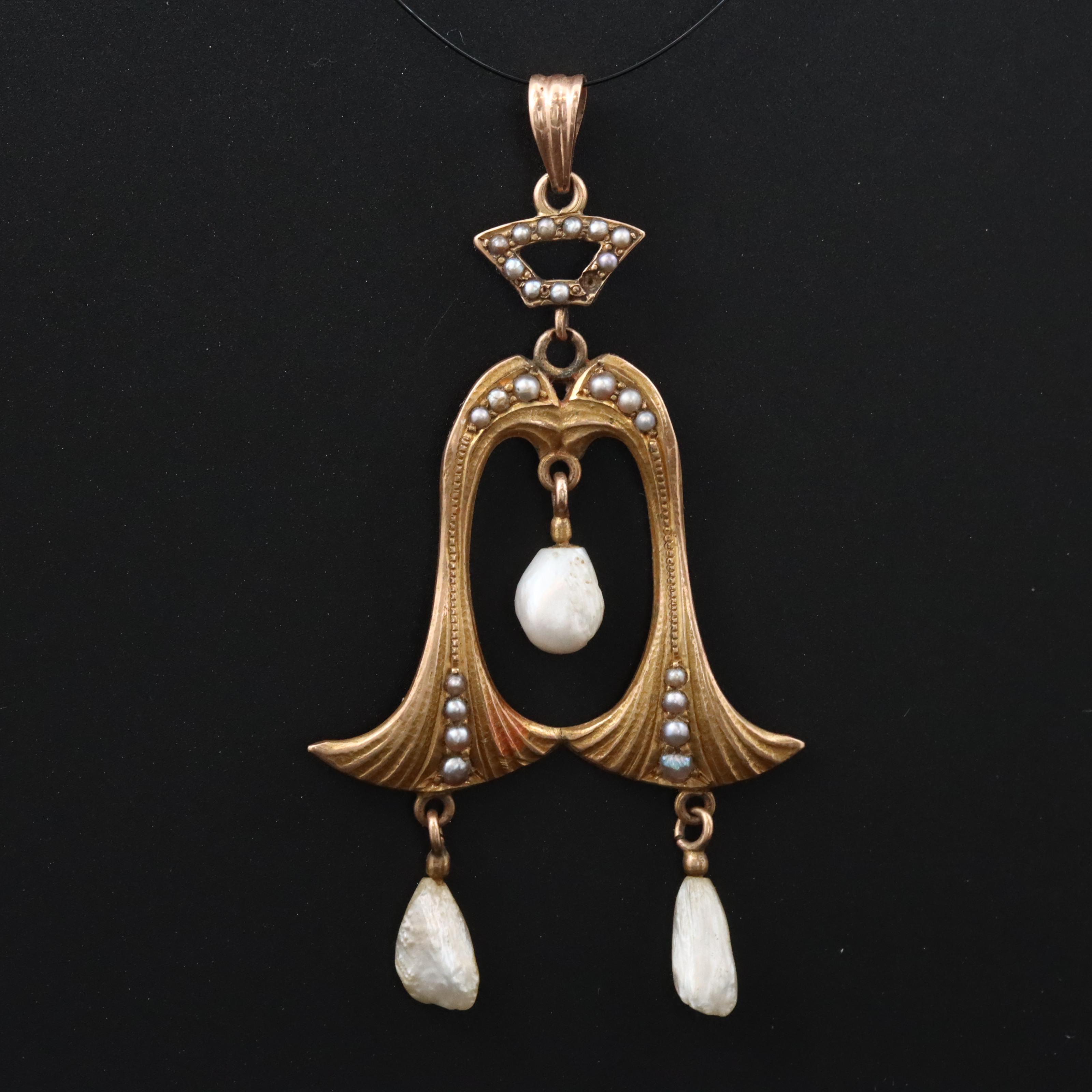 Art Nouveau 10K Seed Pearl Pendant
