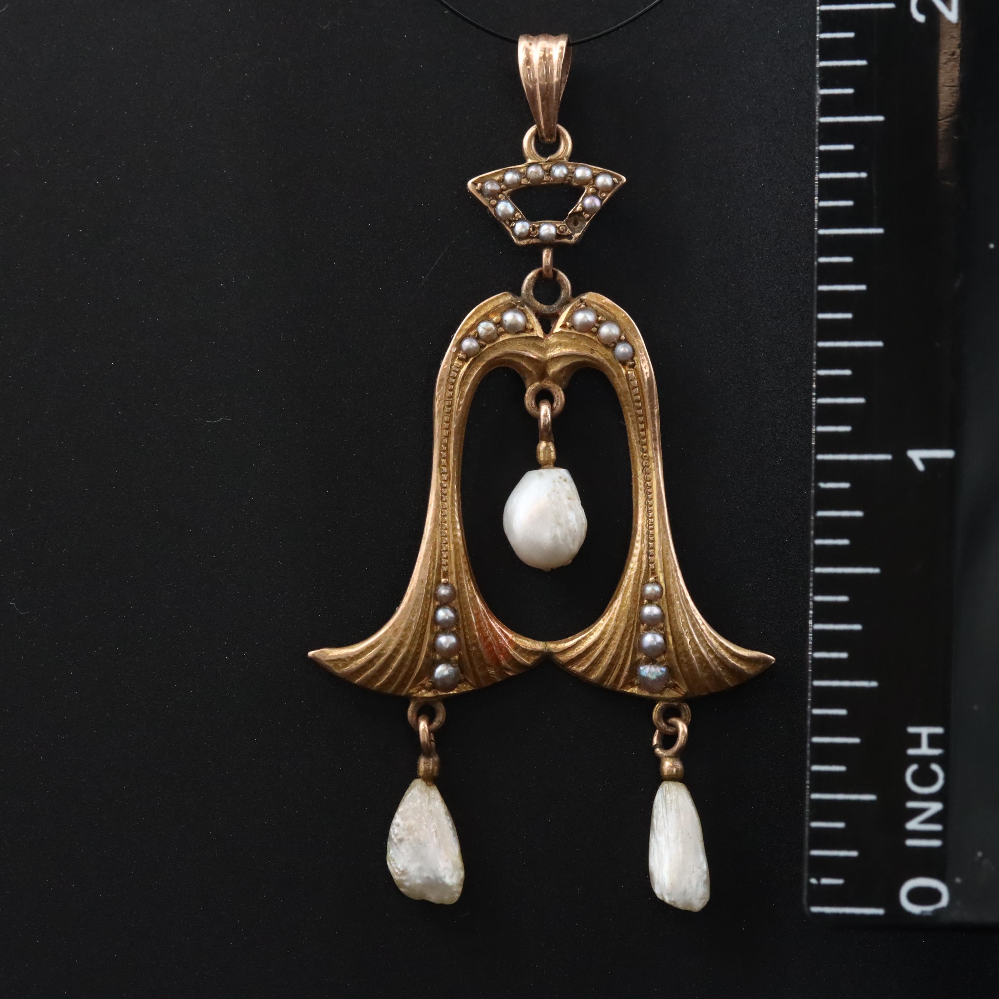 Art Nouveau 10K Seed Pearl Pendant