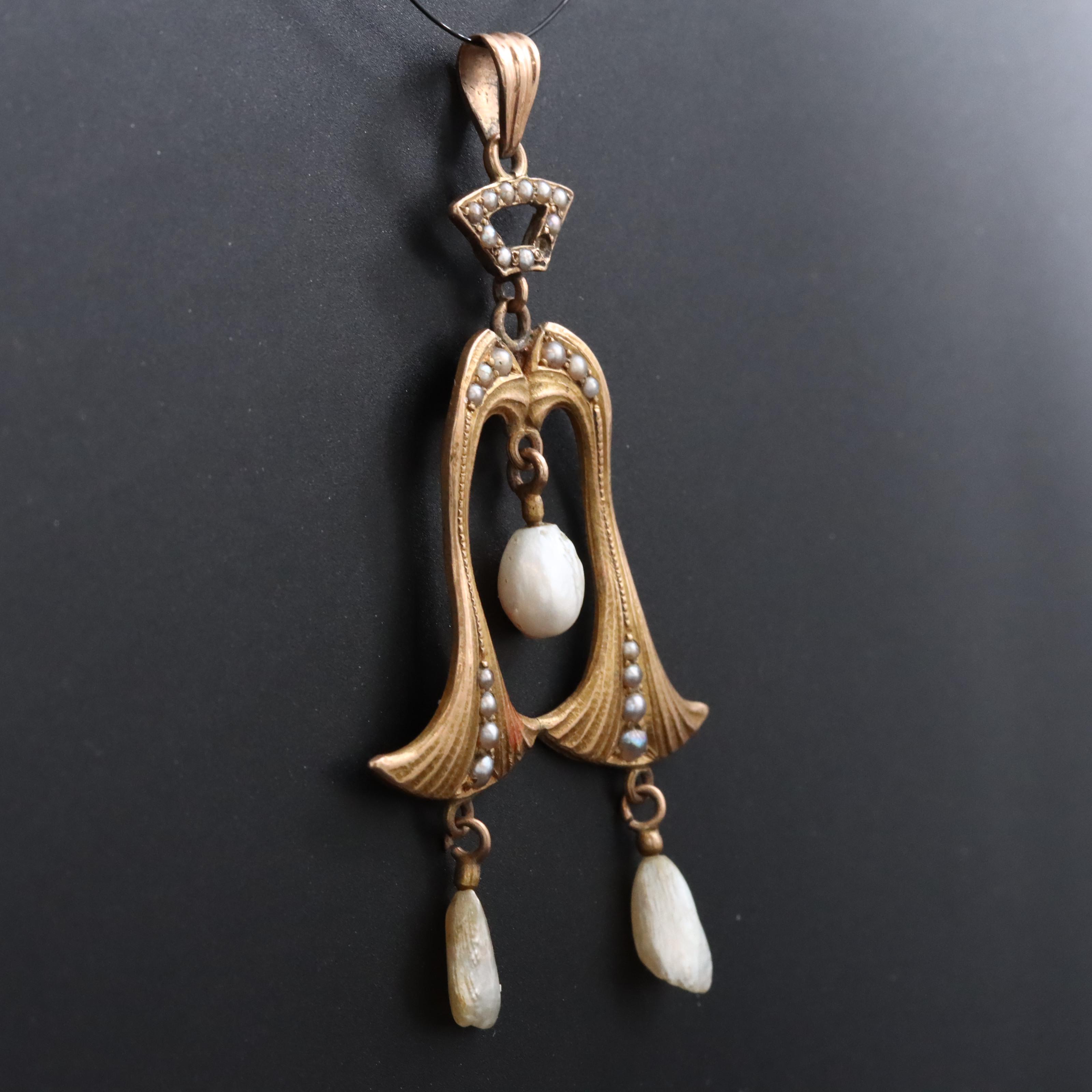 Art Nouveau 10K Seed Pearl Pendant