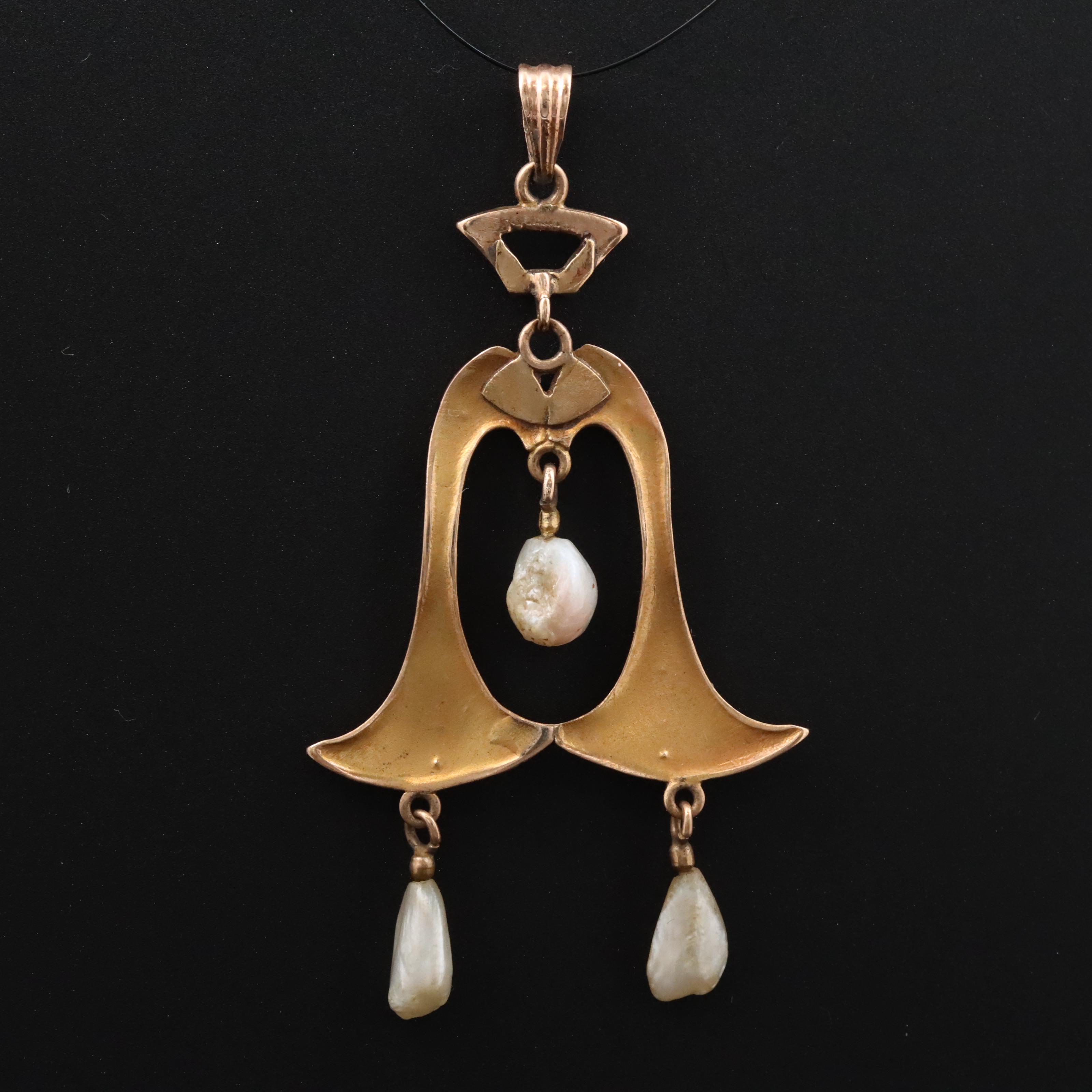 Art Nouveau 10K Seed Pearl Pendant