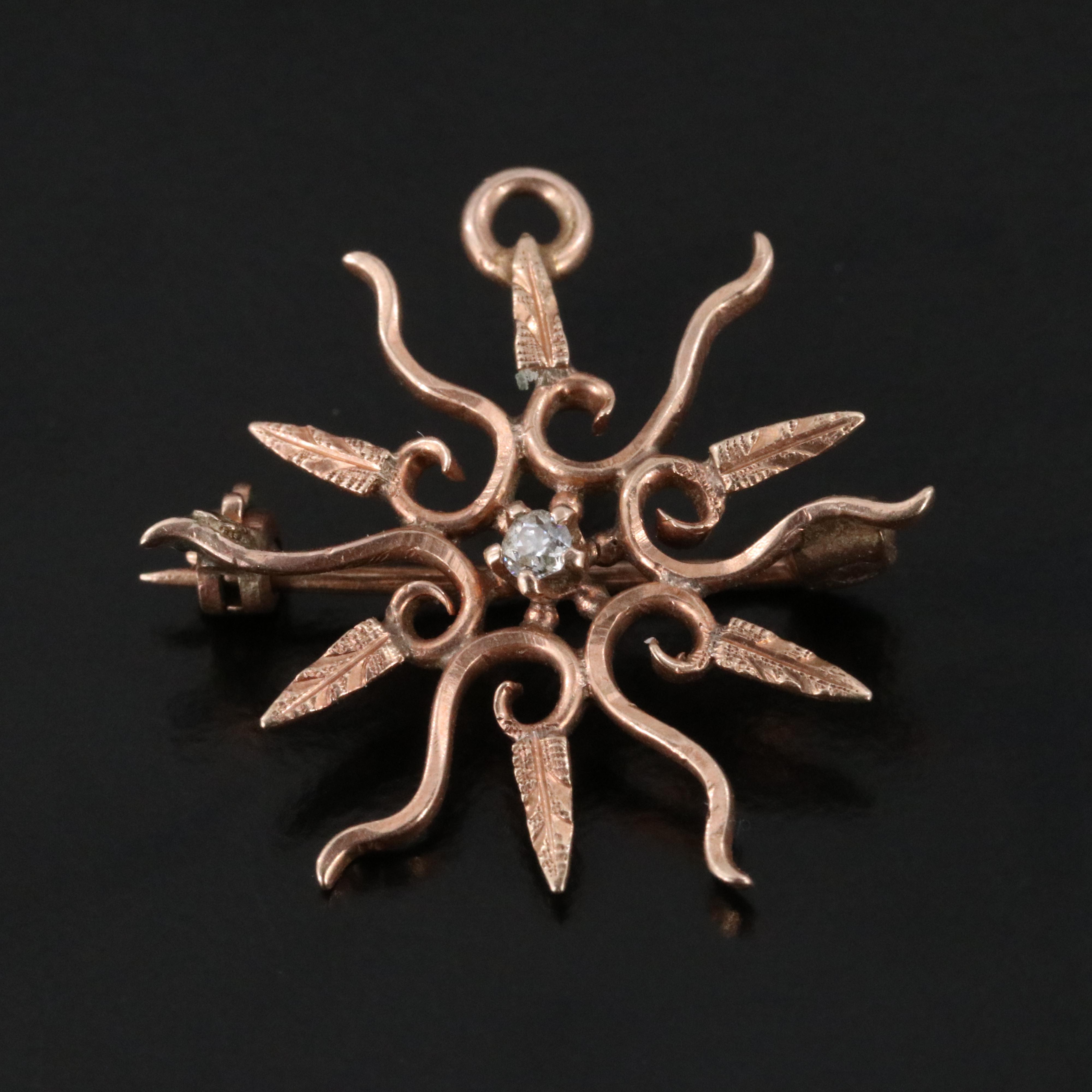 Antique 10K Rose Gold 0.02 CT Diamond Sunburst Converter Pin
